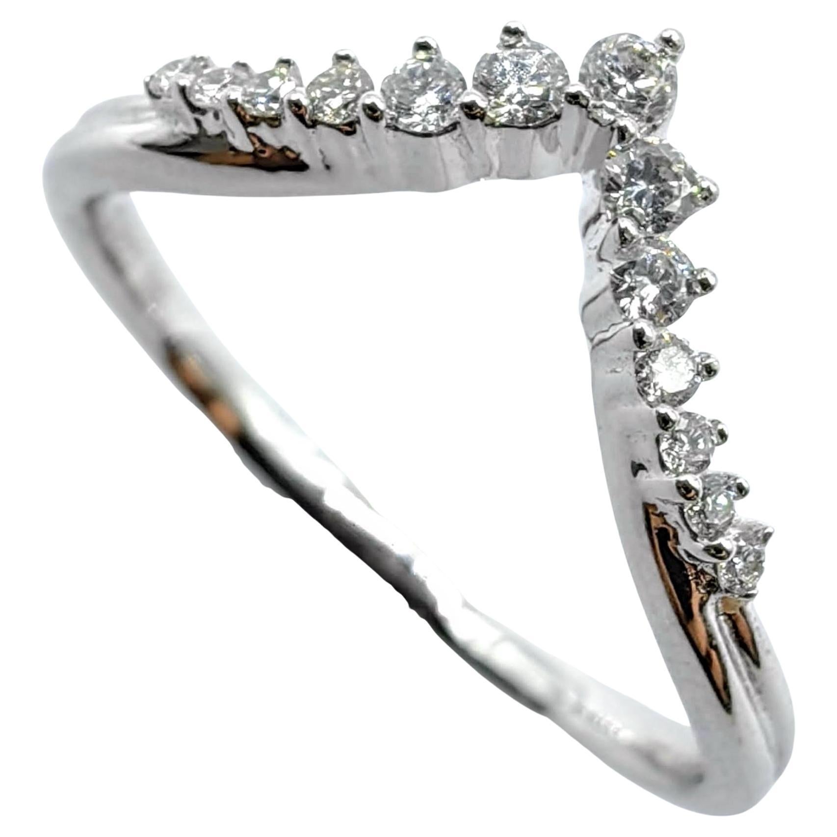 Round Brilliant Cut Diamond Lined Chevron Band Stackable Ring in 18K White Gold