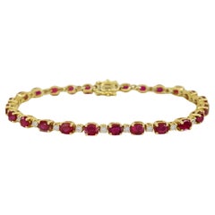 Round Brilliant Cut Diamond & Oval Cut Red Ruby 18k Yellow Gold Tennis Bracelet