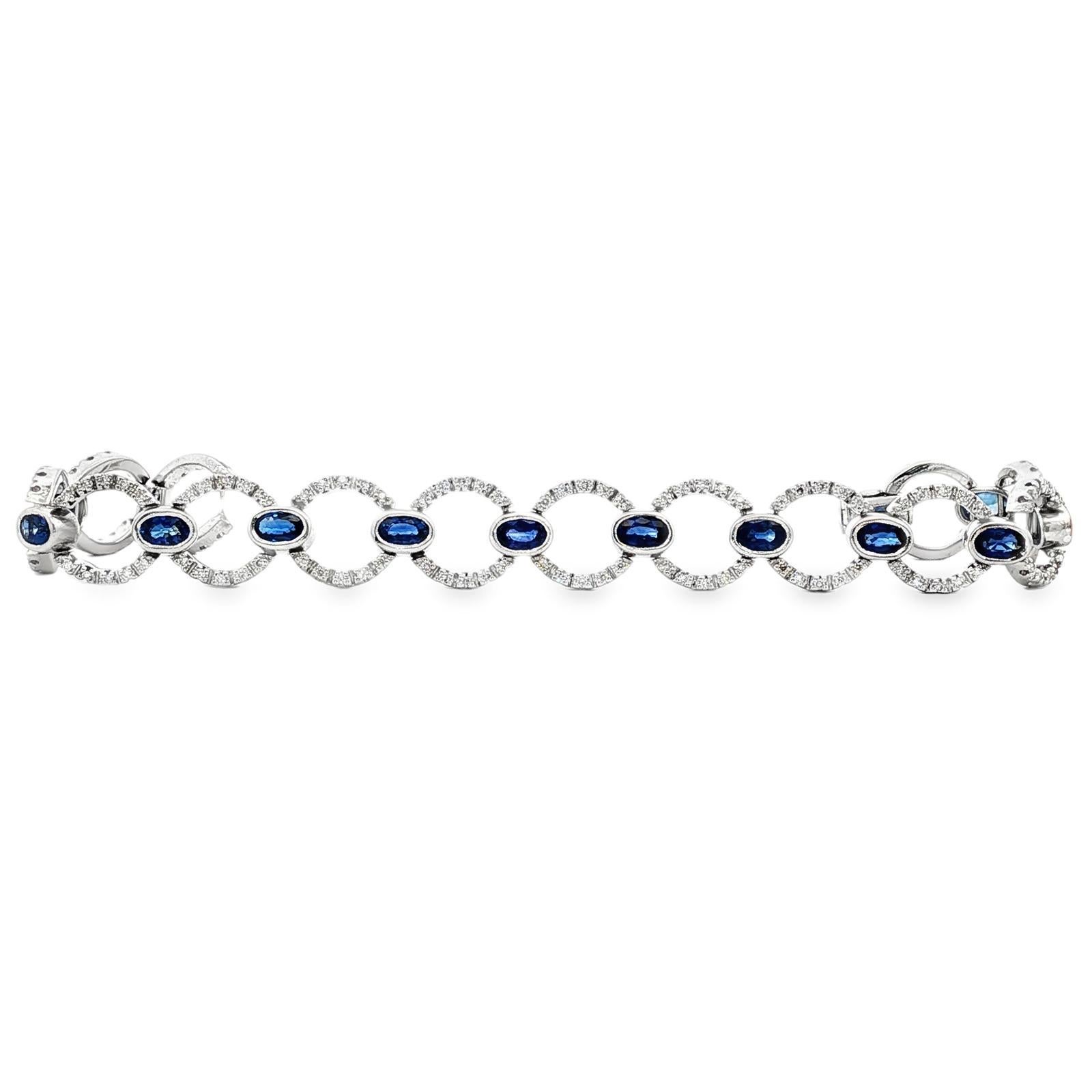 Contemporain Bracelet à maillons ronds en or blanc 18K diamant Brilliante saphir ovale