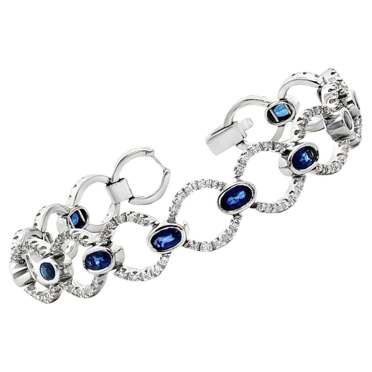Bracelet à maillons ronds en or blanc 18K diamant Brilliante saphir ovale