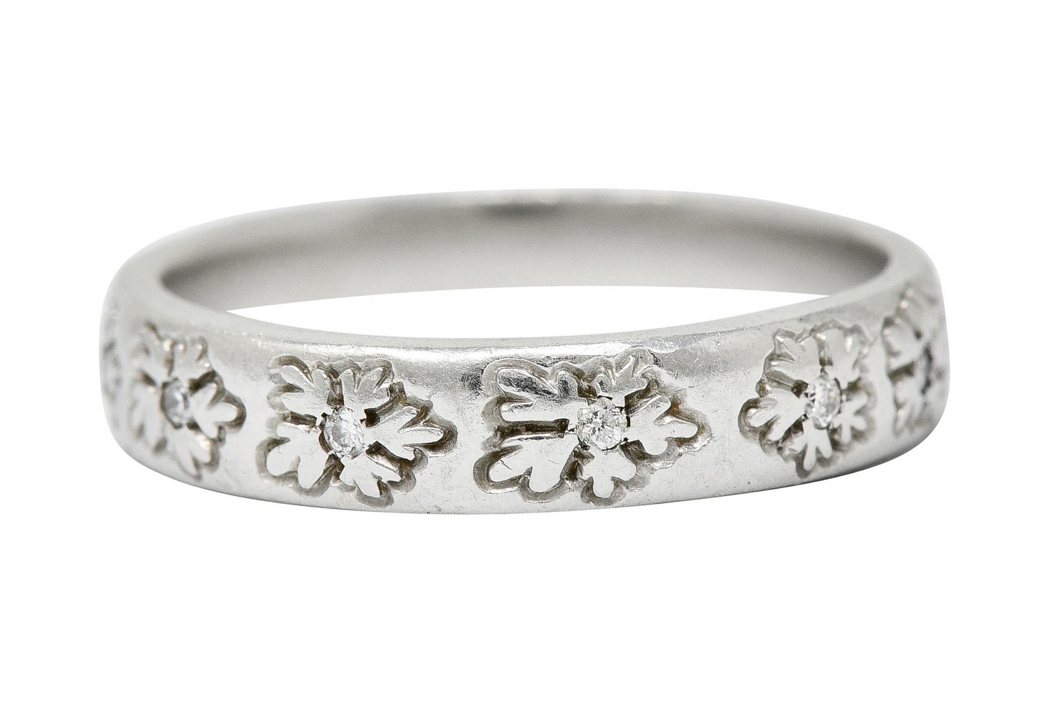 Contemporary Round Brilliant Cut Diamond Platinum Floral Eternity Band Stacking Ring