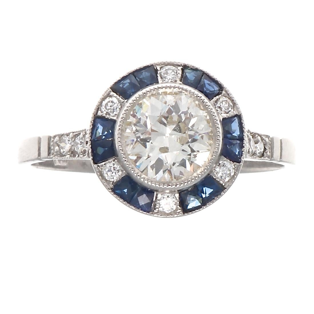 Round Brilliant Cut Diamond Sapphire Platinum Engagement Ring