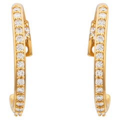 Round Brilliant Cut Diamond Single Row C-Hoop Earrings 18 Karat Yellow Gold