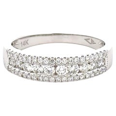 Round Brilliant Cut Diamond Three Row 14 Karat White Gold Wedding Band Ring