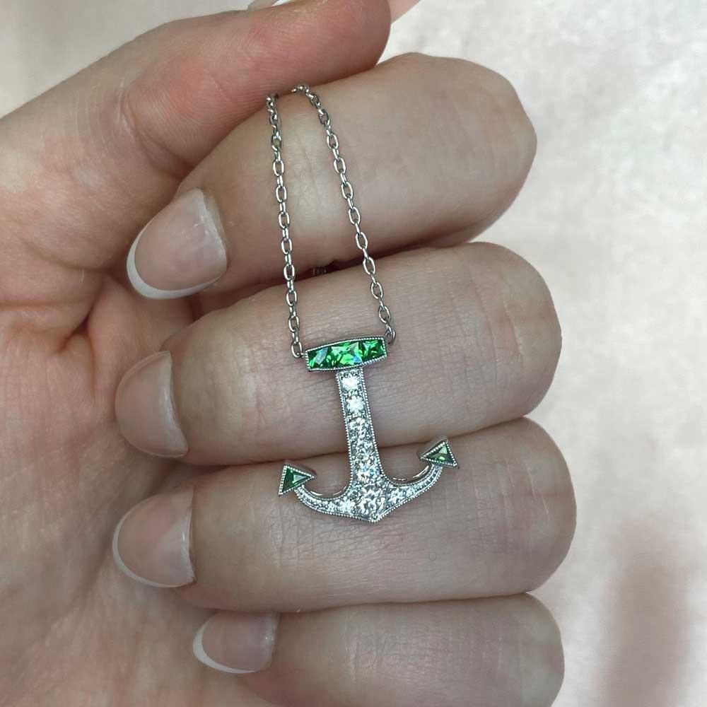 Round Cut Round Brilliant Cut Diamonds and French Cut Emerald Anchor Necklace, Platinum For Sale