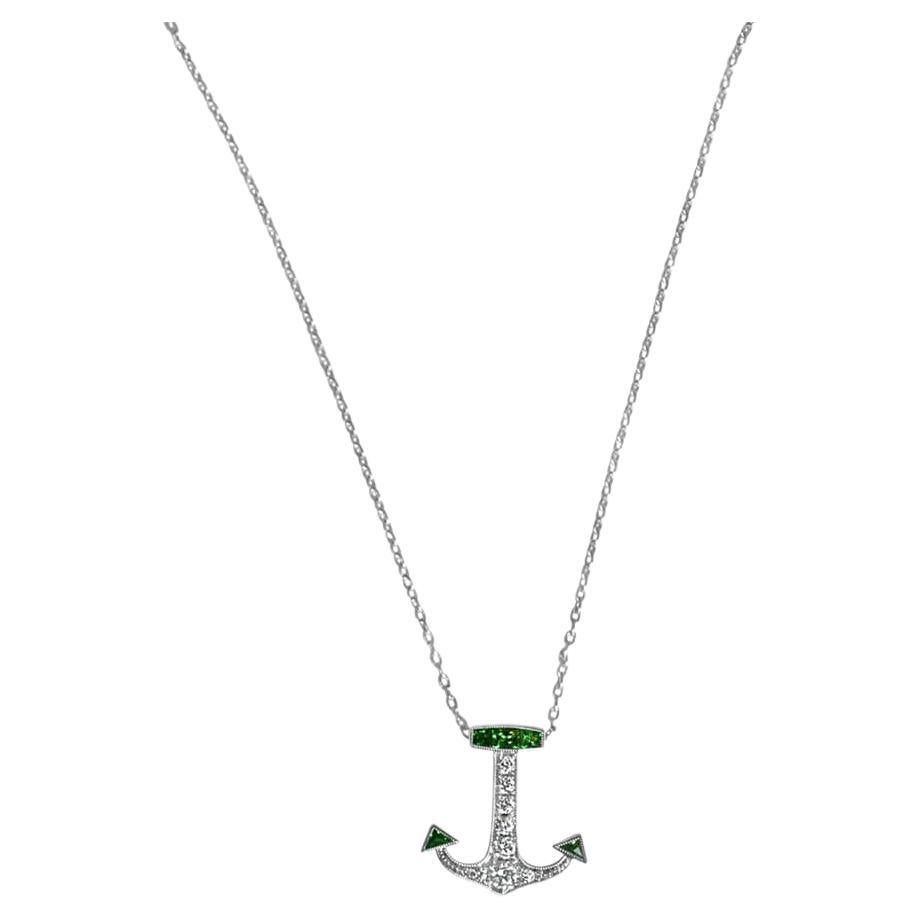 Round Brilliant Cut Diamonds and French Cut Emerald Anchor Necklace, Platinum For Sale