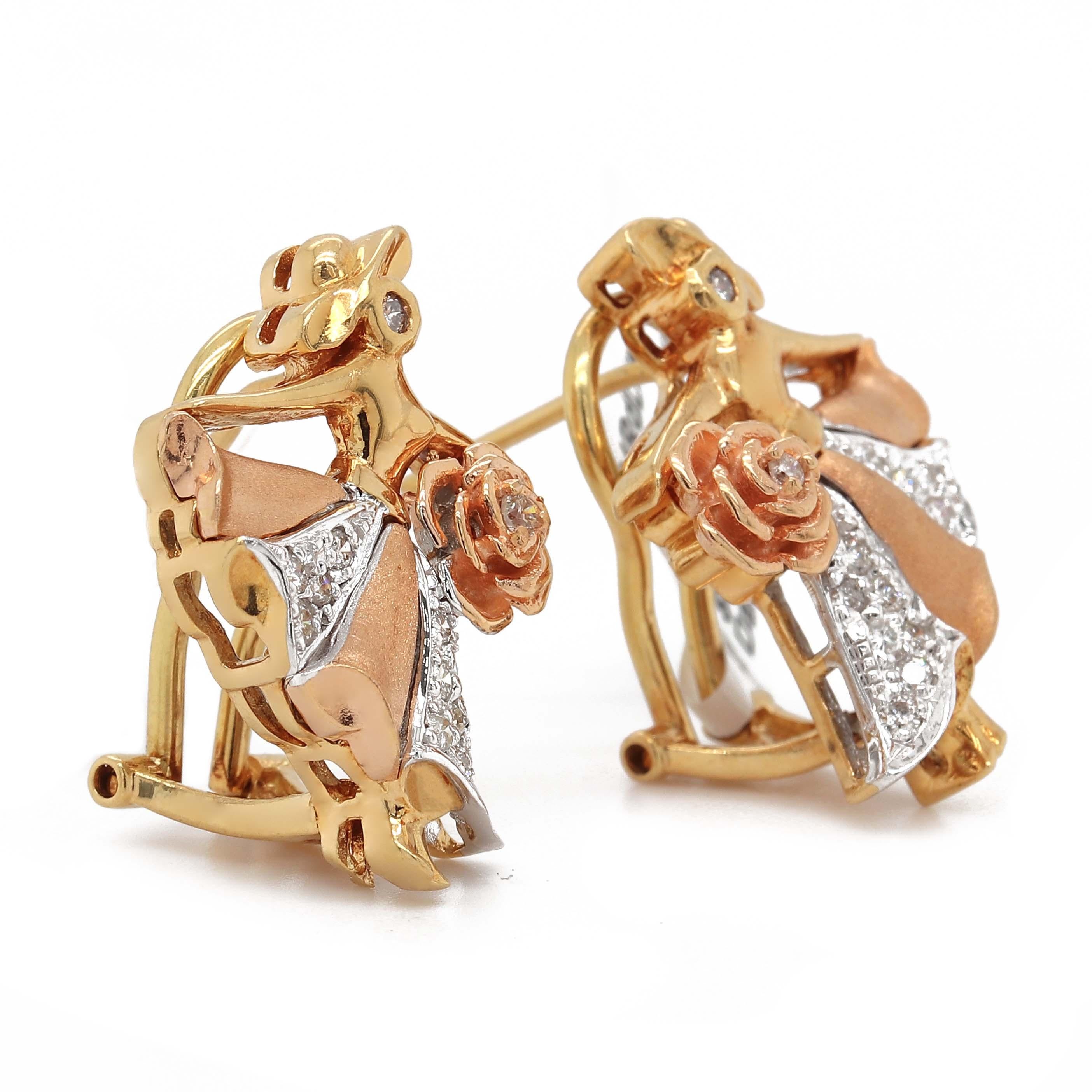 Women's Round Brilliant Cut Diamonds Girl Earrings in 18k Two Tone Gold For Sale