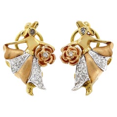 Round Brilliant Cut Diamonds Girl Earrings in 18k Two Tone Gold