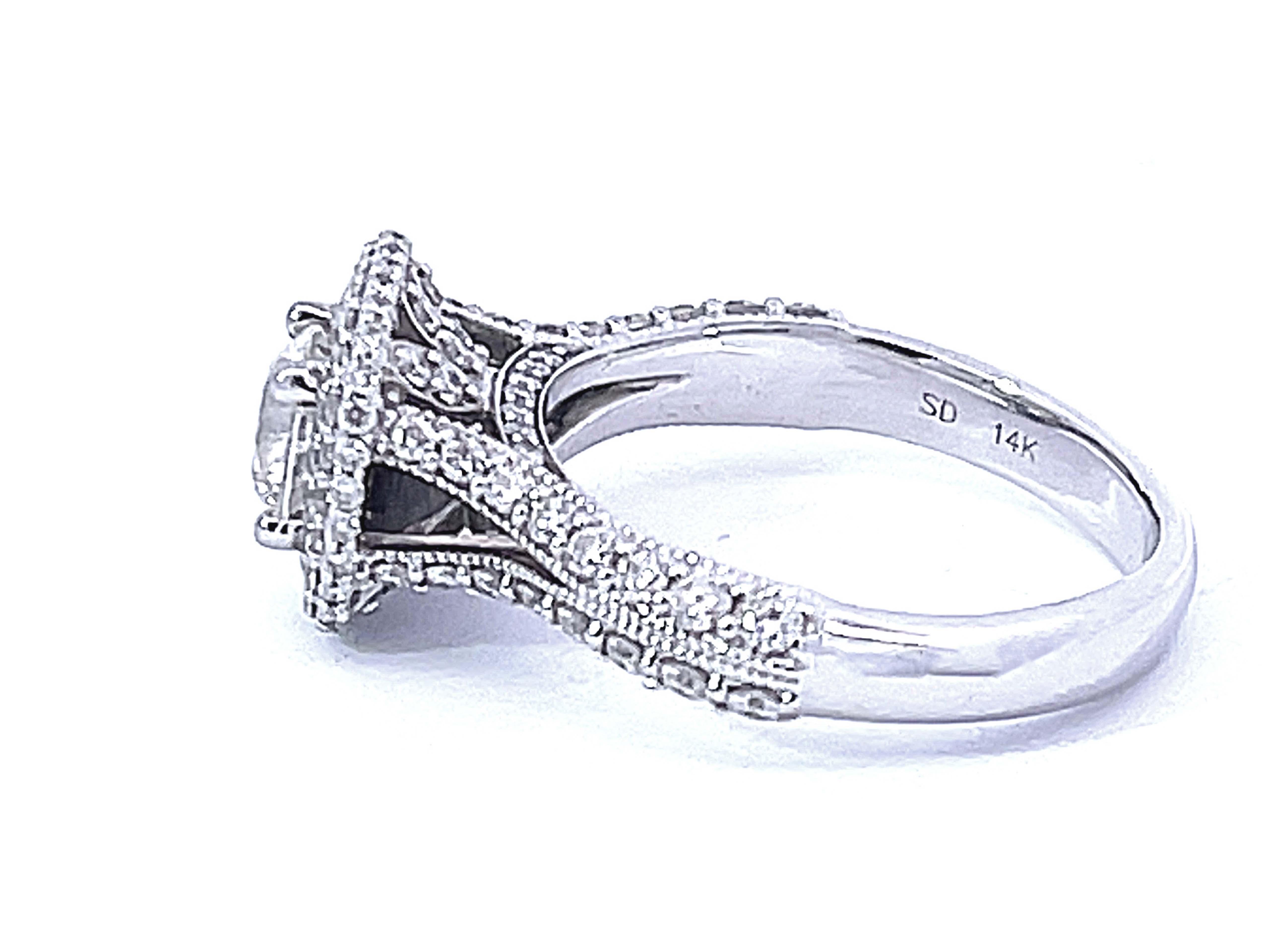 Women's Round Brilliant Cut Double Halo Diamond Engagement Ring in 14K White Gold For Sale