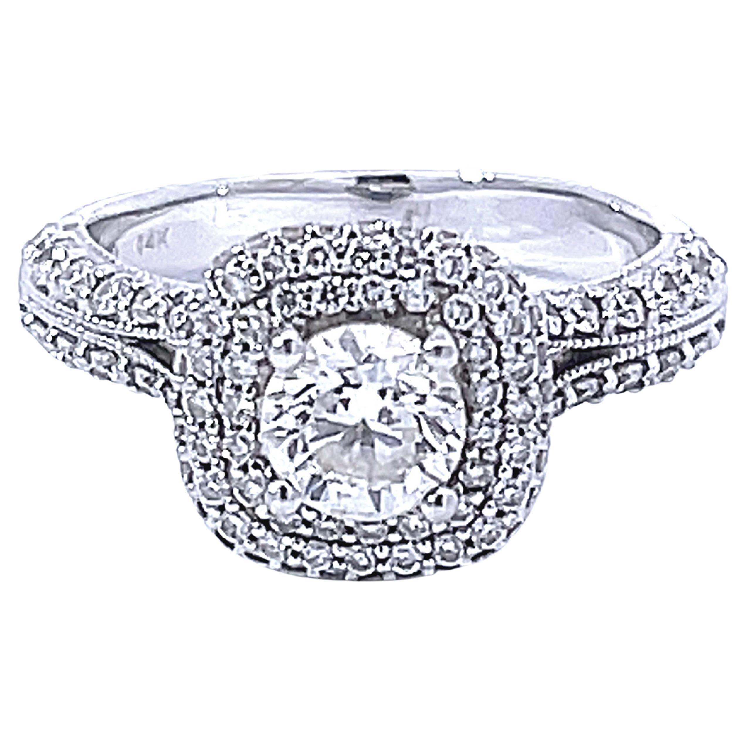 Round Brilliant Cut Double Halo Diamond Engagement Ring in 14K White Gold For Sale