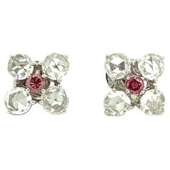 Round Brilliant Cut Pink Diamond and White Rose Cut Diamond Gold Earrings