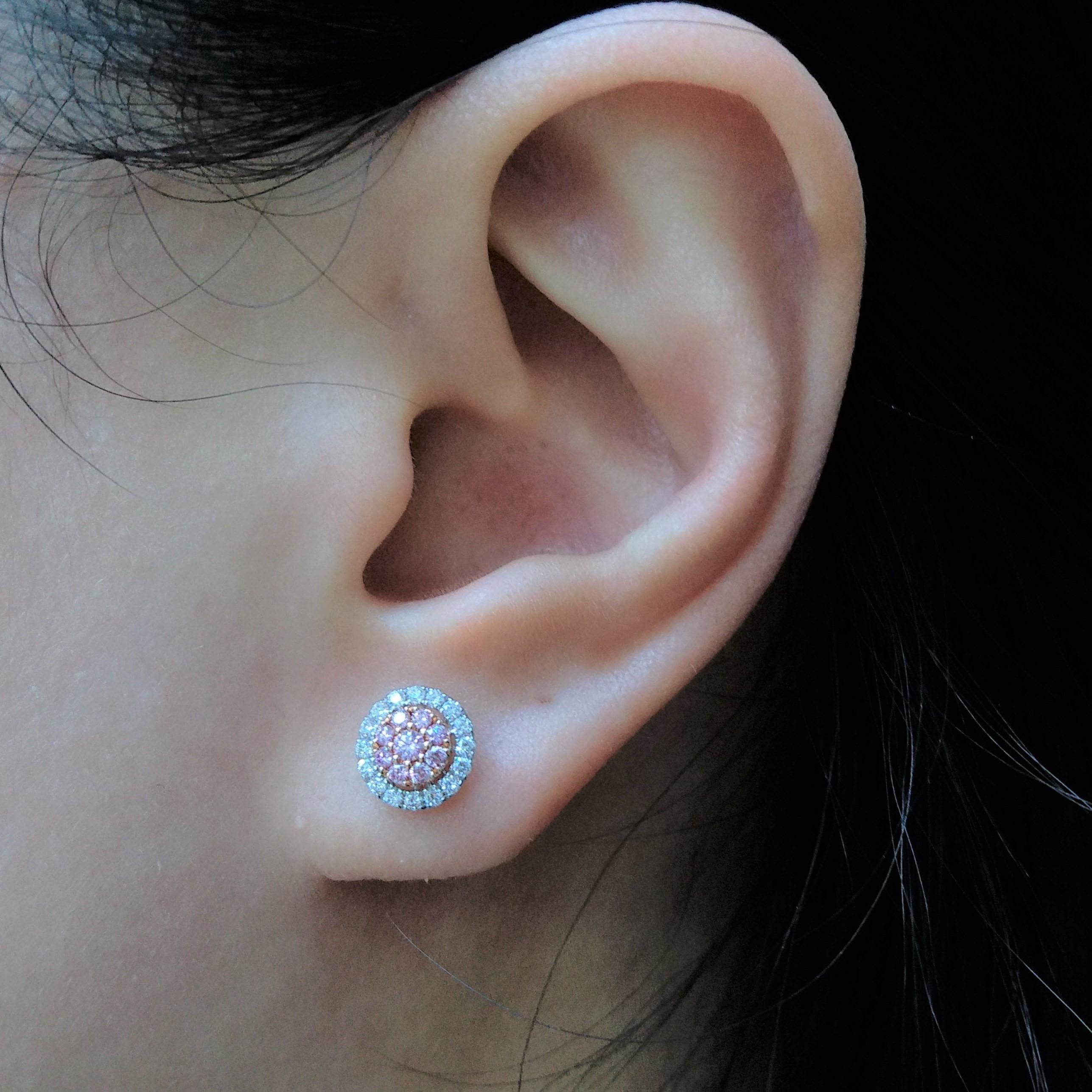 Boucles d'oreilles en or 18 carats, diamants roses brillants ronds et diamants blancs Neuf - En vente à Hong Kong, HK