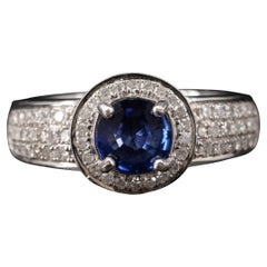 Round Brilliant Cut Sapphire Engagement Ring, Halo Diamond Engagement Ring