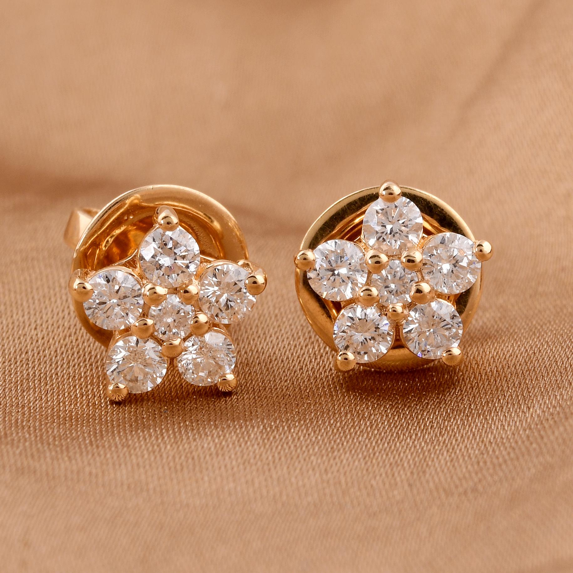 Round Cut Round Brilliant Cut SI/H Diamond Stud Floral Earrings 14k Solid Yellow Gold For Sale