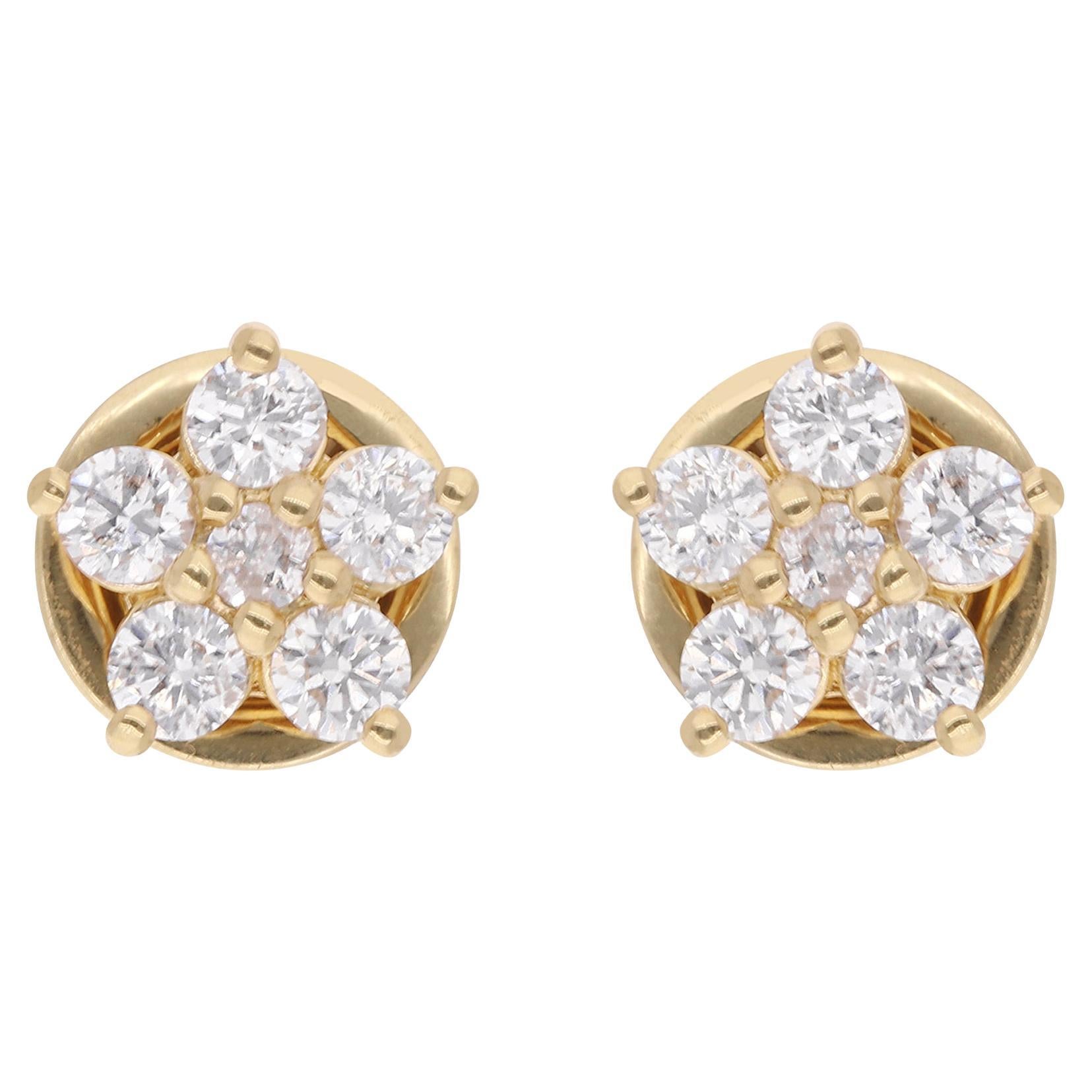 Runder Brillantschliff SI/H Diamant Ohrstecker Floral 18k Massiv Gelbgold (Moderne) im Angebot