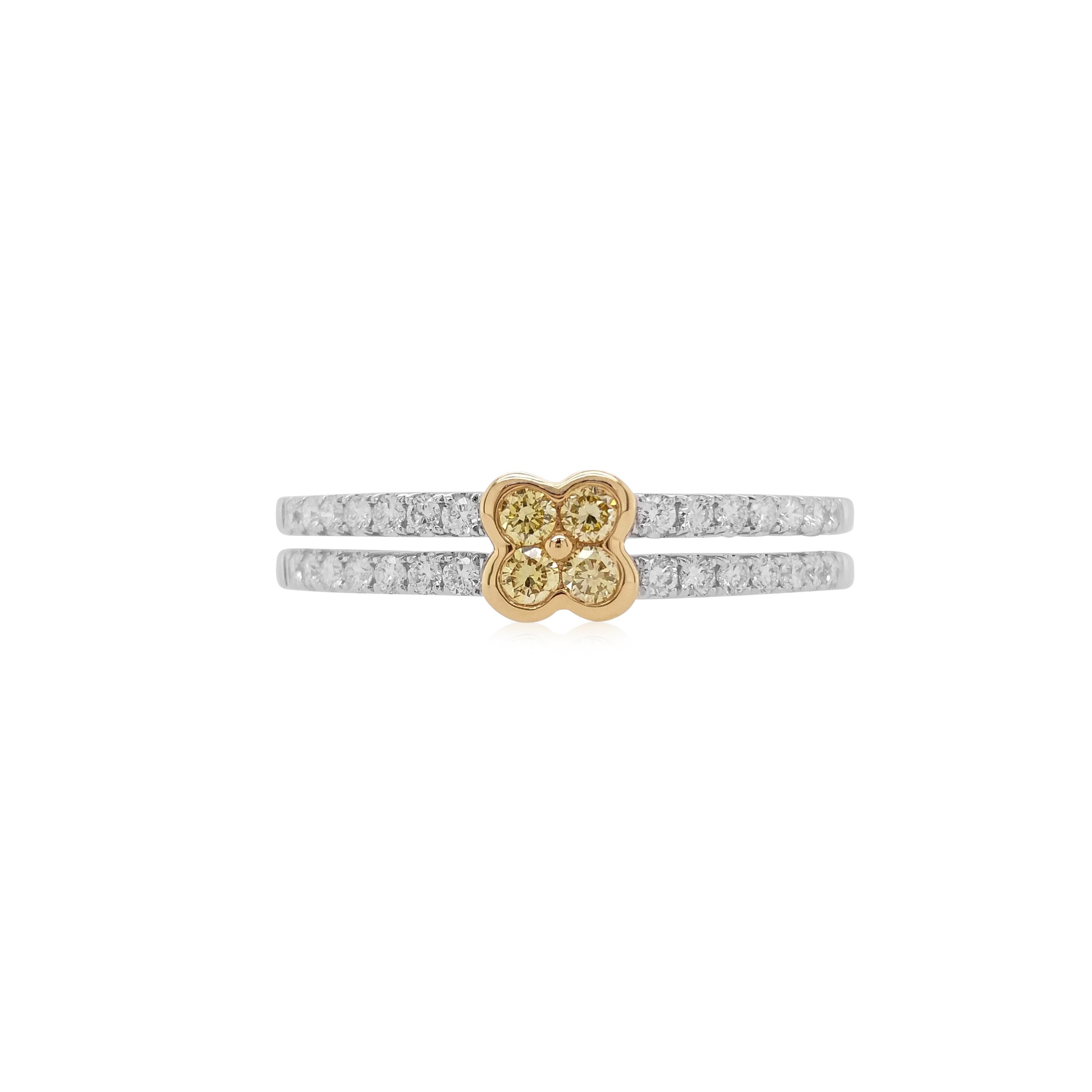 Ein eleganter Ring mit runden gelben Diamanten im Brillantschliff, gefasst in einem Doppelring aus 18 Karat Gold mit weißen Diamanten. 

Gelbe Diamanten - 0,10 Karat
Weißer Diamant - 0,20 Karat

HYT Jewelry ist ein Unternehmen in Privatbesitz mit