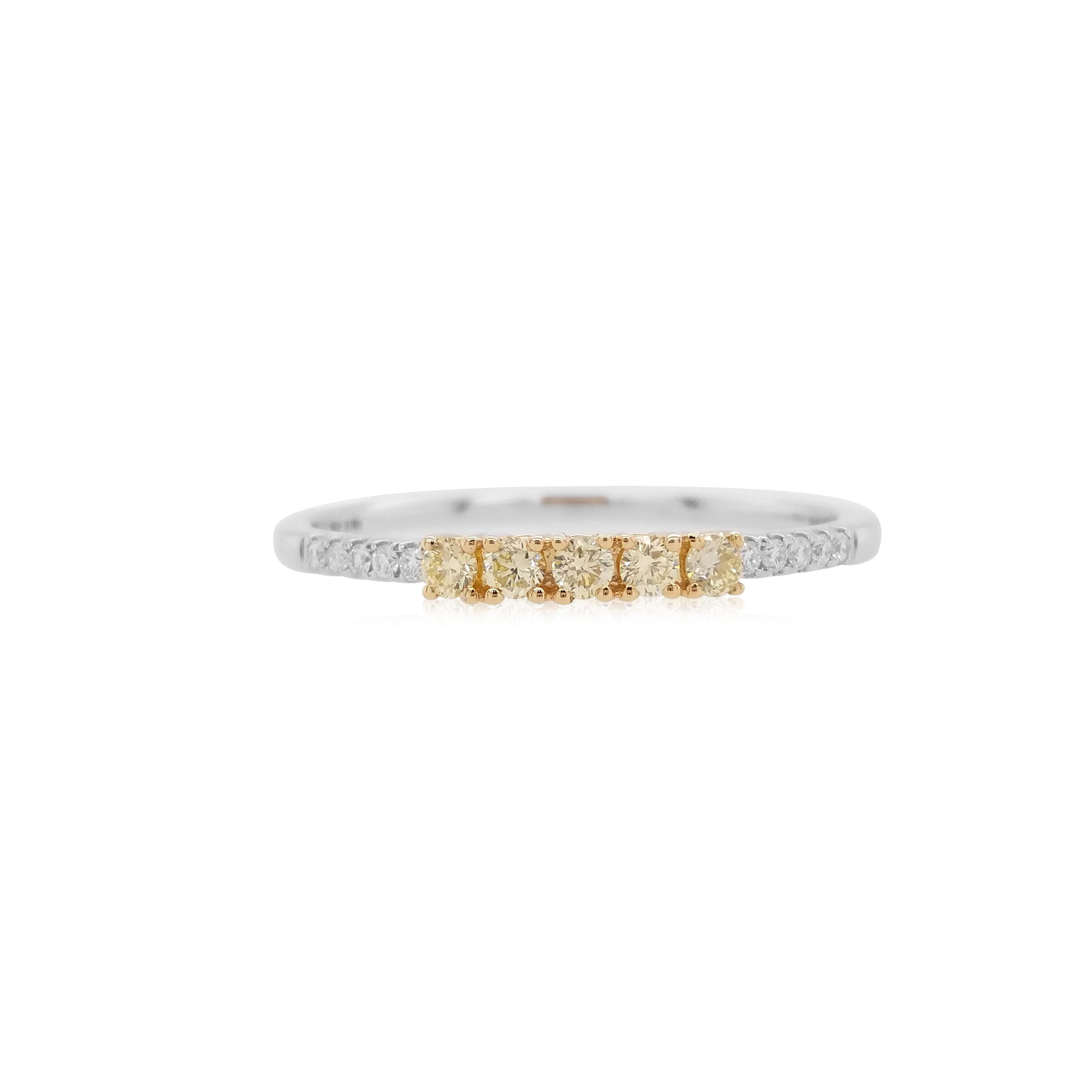 An elegant ring with round brilliant cut Yellow diamonds set in a band of white diamonds

Yellow Diamonds- 0.120 cts
White Diamond - 0.05 cts

HYT Jewelry is a privately owned company headquartered in Hong Kong, with branches in Tokyo, New York, and