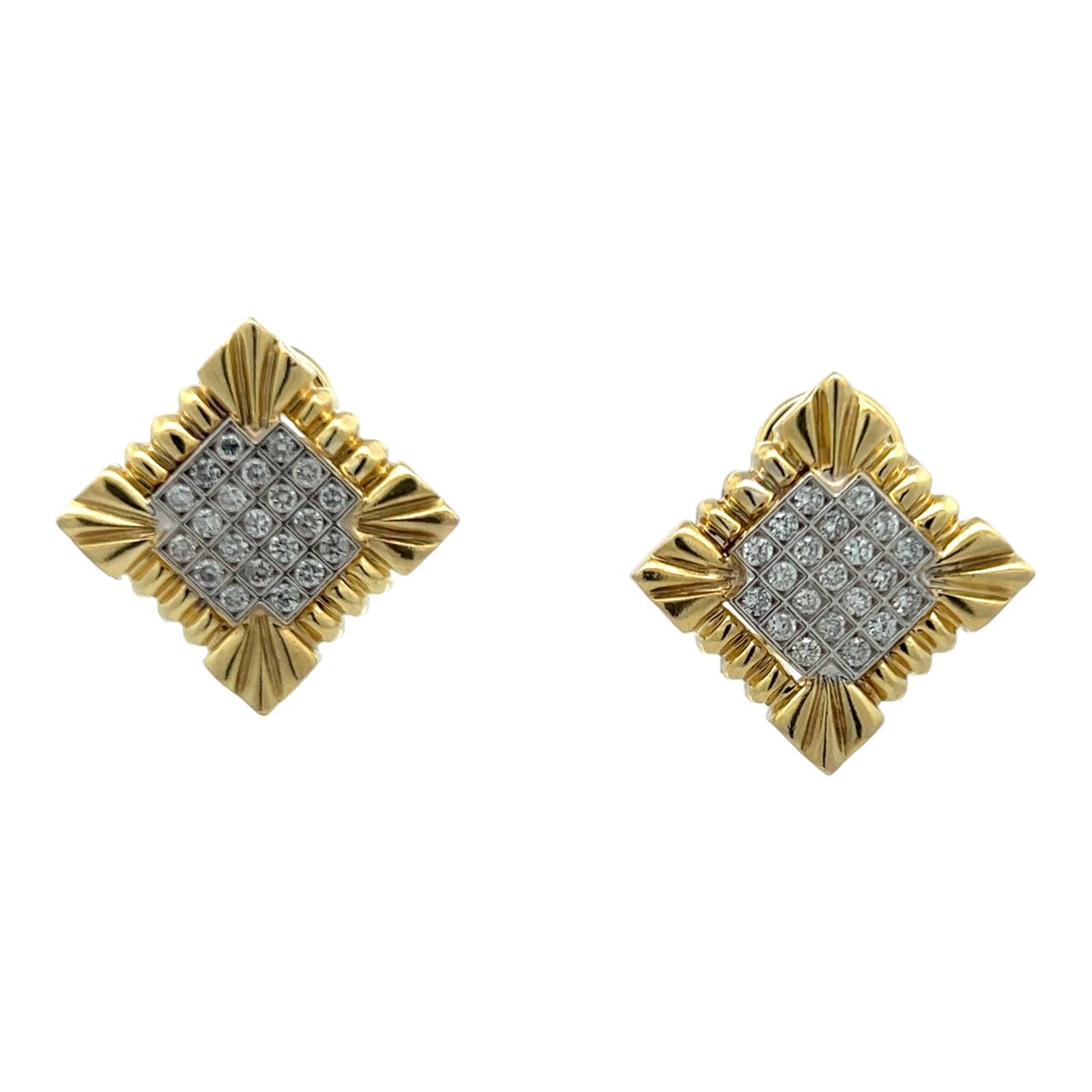Beautiful diamond square fluted earrings fashioned in 14 karat white and yellow gold. The earrings feature 42 round brilliant cut diamonds weighing approximately .82 carat total weight. The diamonds are graded G-H color and SI clarity. They measure
