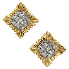 Round Brilliant Diamond 14 Karat Two Tone Gold Fluted Square Leverback Earrings 