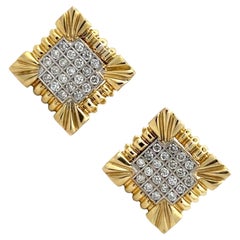 Round Brilliant Diamond 14 Karat Two Tone Gold Fluted Square Leverback Earrings
