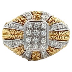Round Brilliant Diamond 18 Karat Two Tone Textured Gold Dome Cocktail Ring