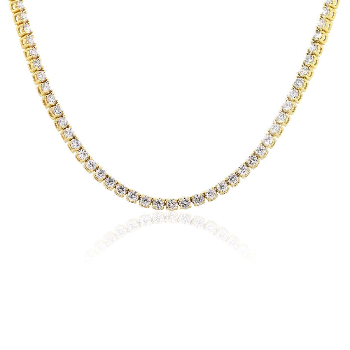 Material: 14k Yellow Gold
Diamond Details: 146 stones, approx. 30.77ctw of round brilliant diamonds. Diamonds are G/H in color and SI in clarity
Measurements: Necklace measures 24″ in length.
Fastening: Tongue in box clasp with safety latch
Item