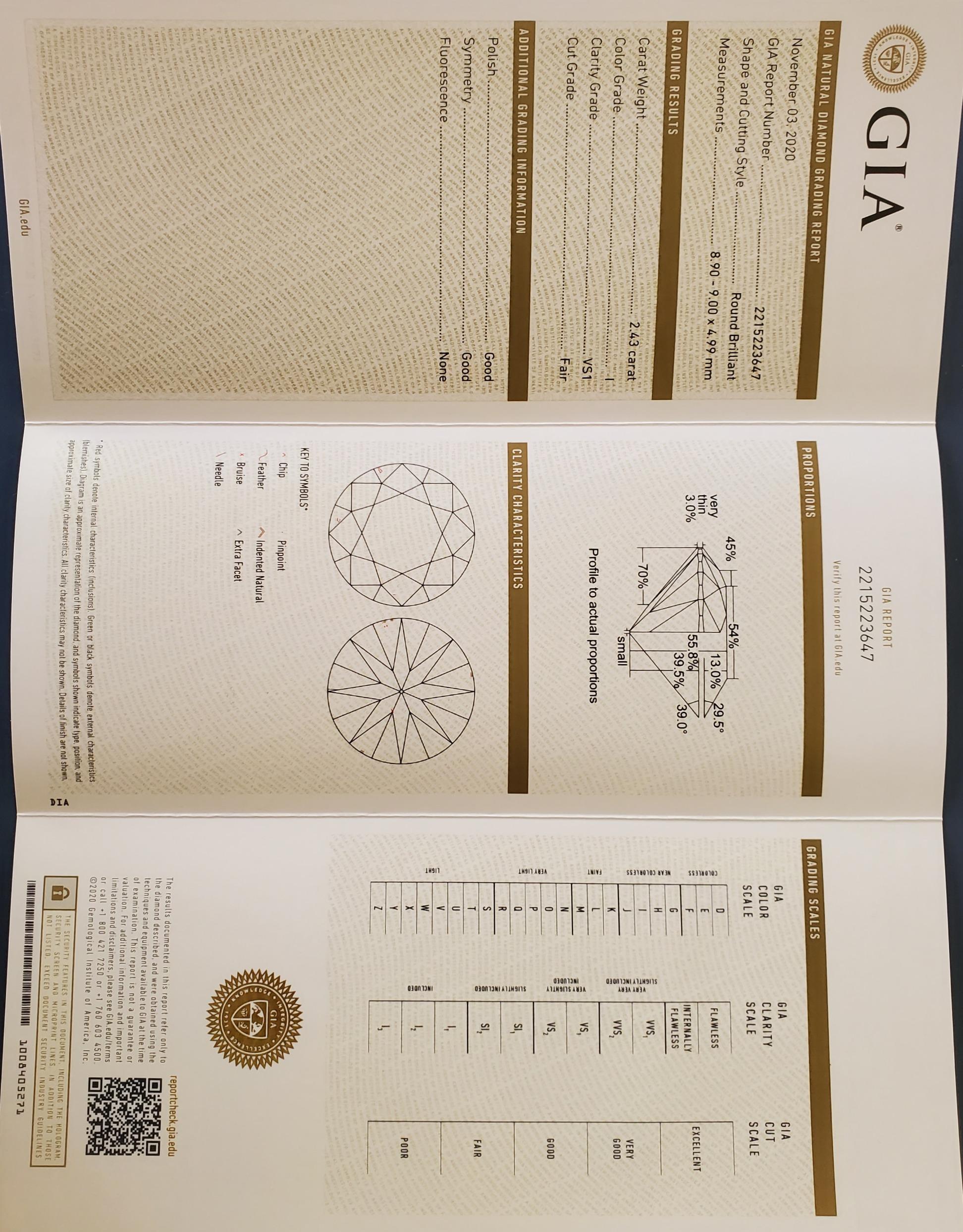 Round Brilliant Diamond, 2.43ct GIA Certified, Loose, I Color, VS1 Clarity, European Cut, Good Polish and Symmetry. GIA Report ID # 2215223647. The diameter is 8.9mm x 9.0 mm x 4.99mm. No florescence.

This diamond is perfect for an engagement ring