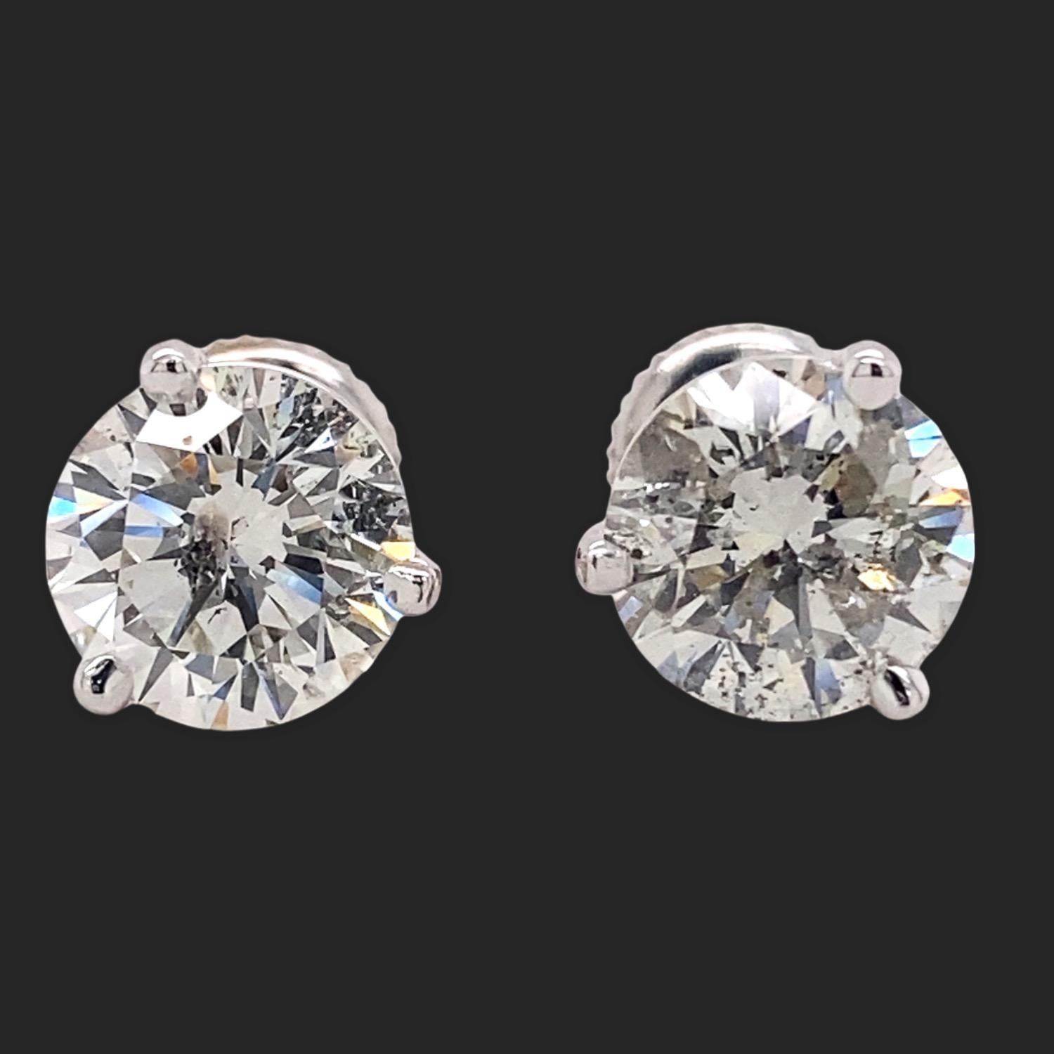 Round Brilliant Diamond 3.17 Tcw Martini Set Stud Earrings 14kt White Gold For Sale 4