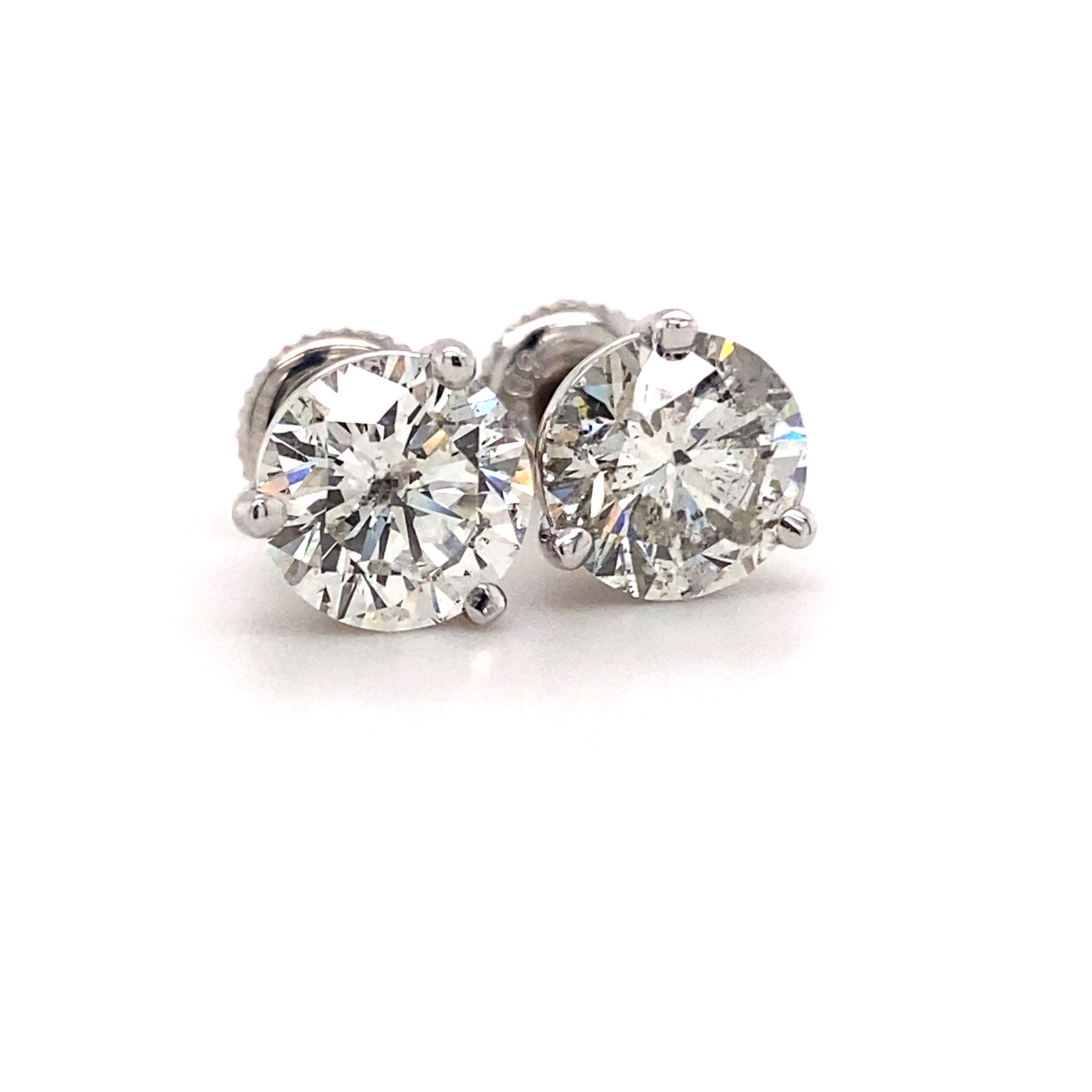 Round Brilliant Diamond 3.17 Tcw Martini Set Stud Earrings 14kt White Gold In New Condition For Sale In San Diego, CA