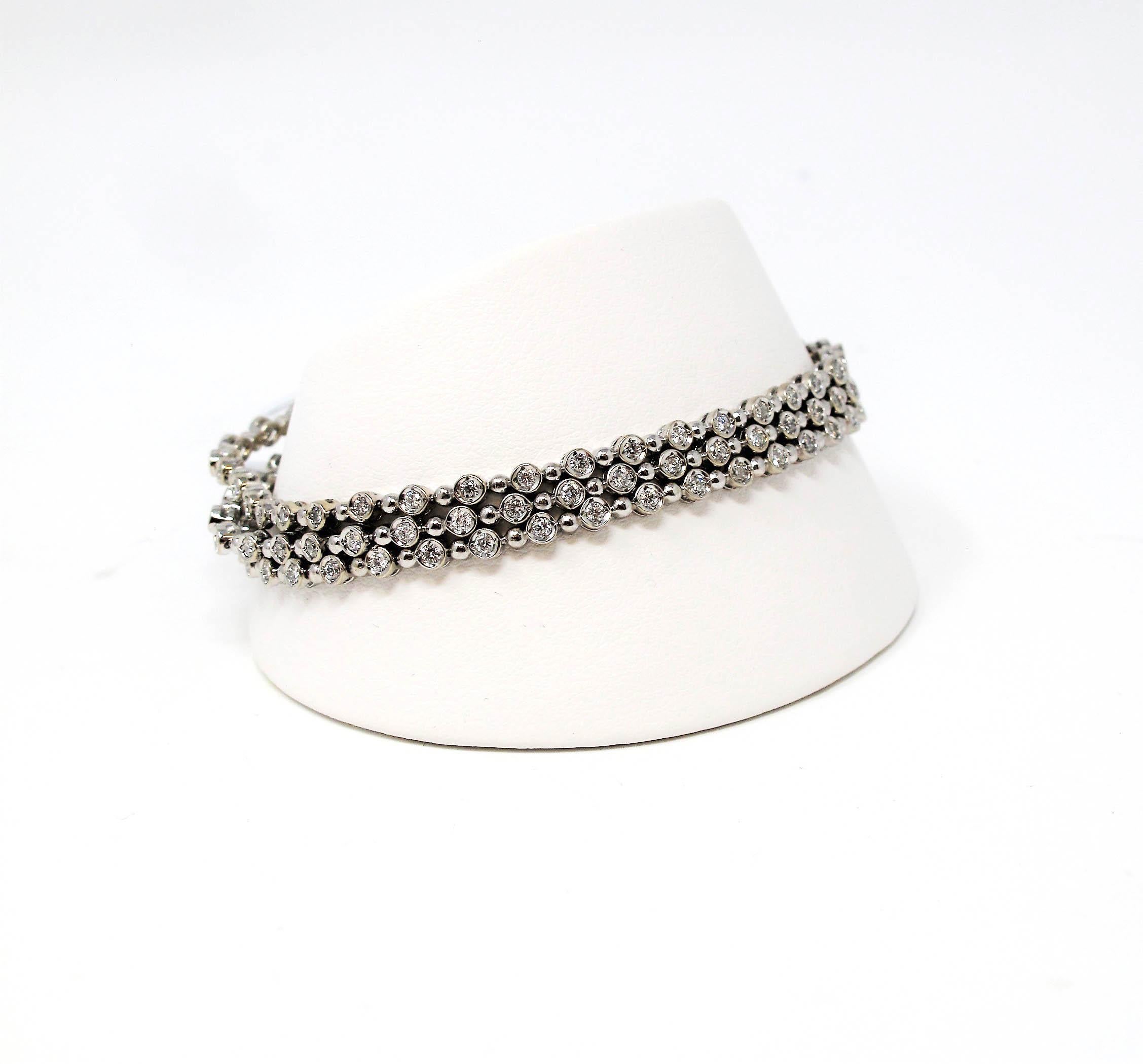 Round Brilliant Diamond and Bead Flexible Three-Row Bracelet 14 Karat Gold For Sale 4