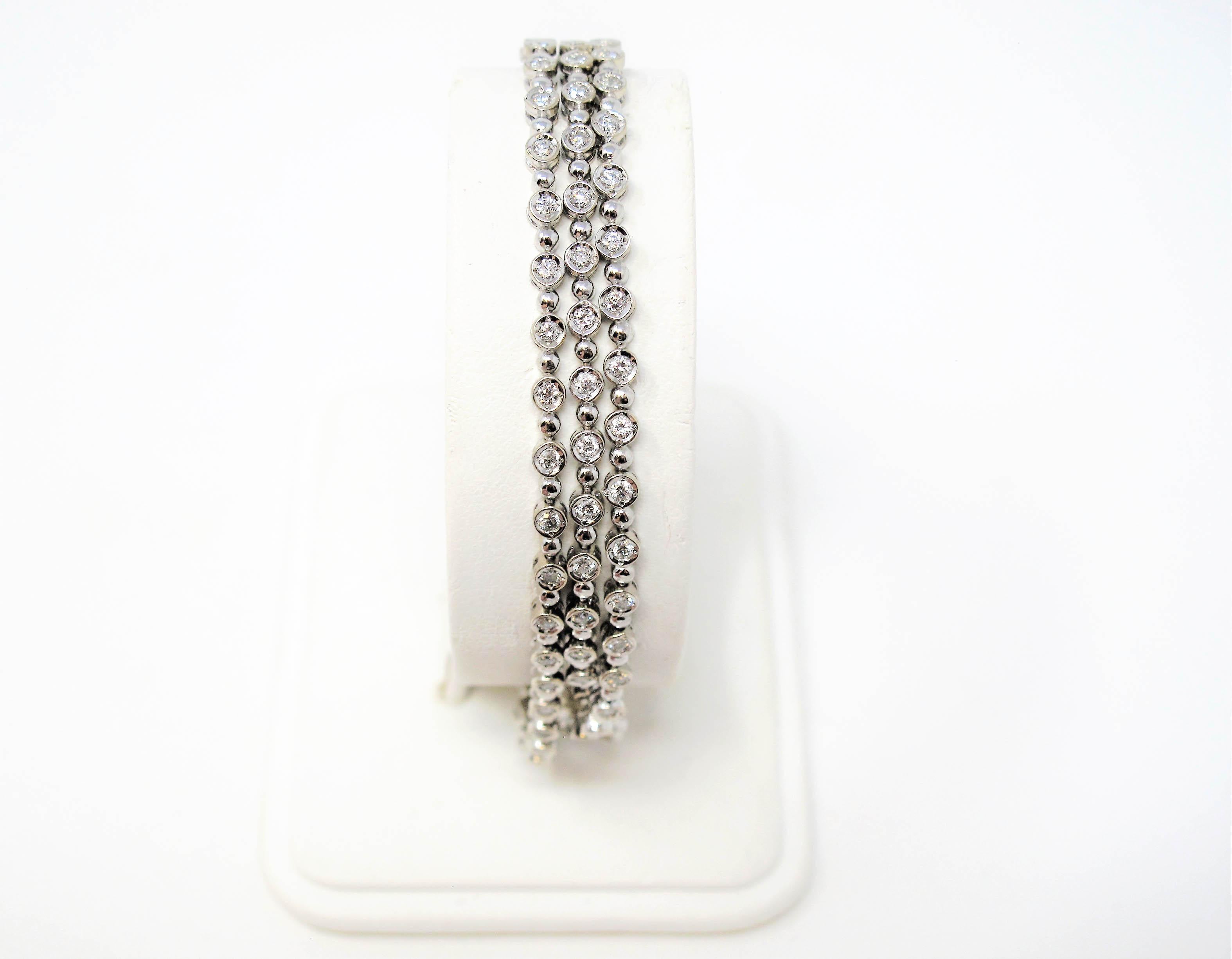 Round Brilliant Diamond and Bead Flexible Three-Row Bracelet 14 Karat Gold For Sale 3