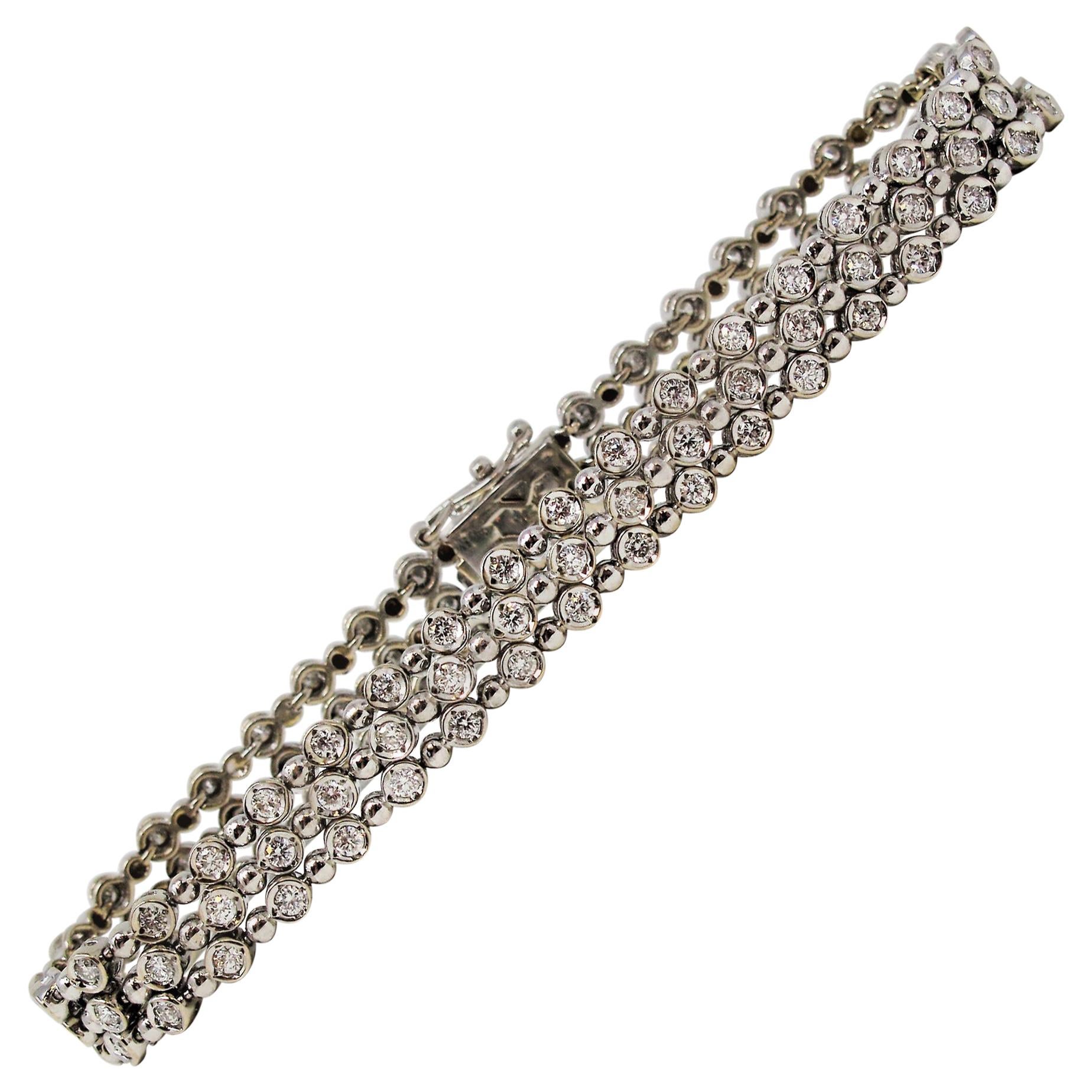 Round Brilliant Diamond and Bead Flexible Three-Row Bracelet 14 Karat Gold
