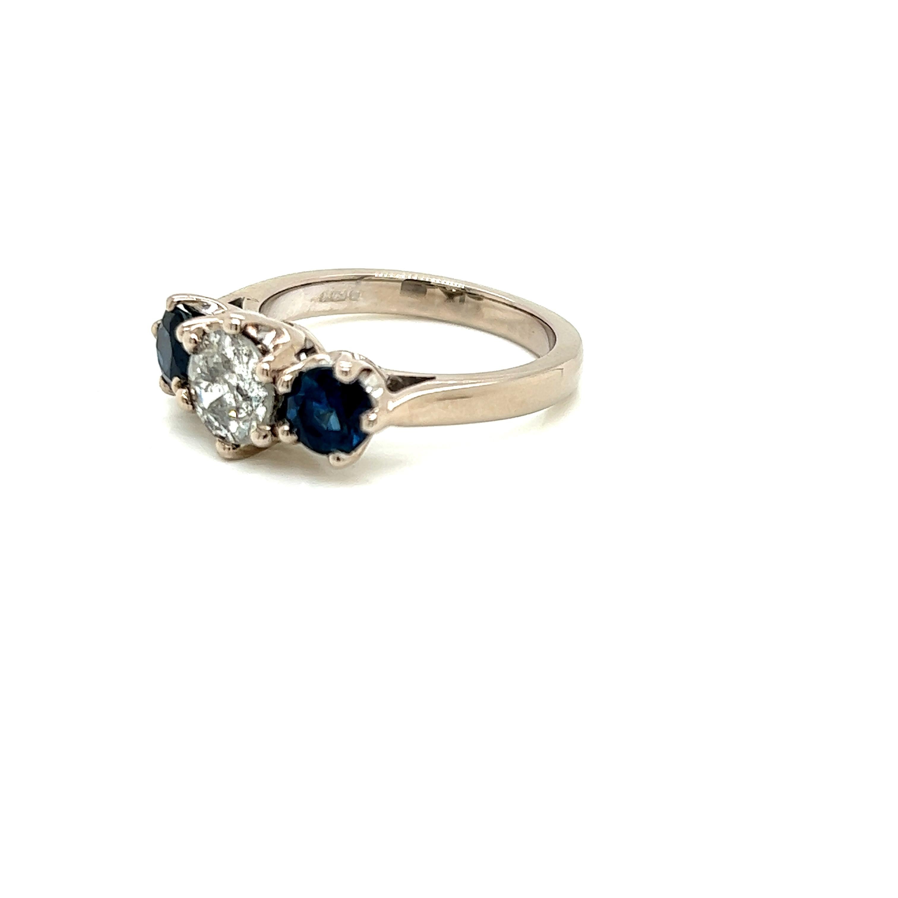 Round Cut Round Brilliant Diamond and Blue Sapphire 3 Stone Ring in 18K White Gold For Sale
