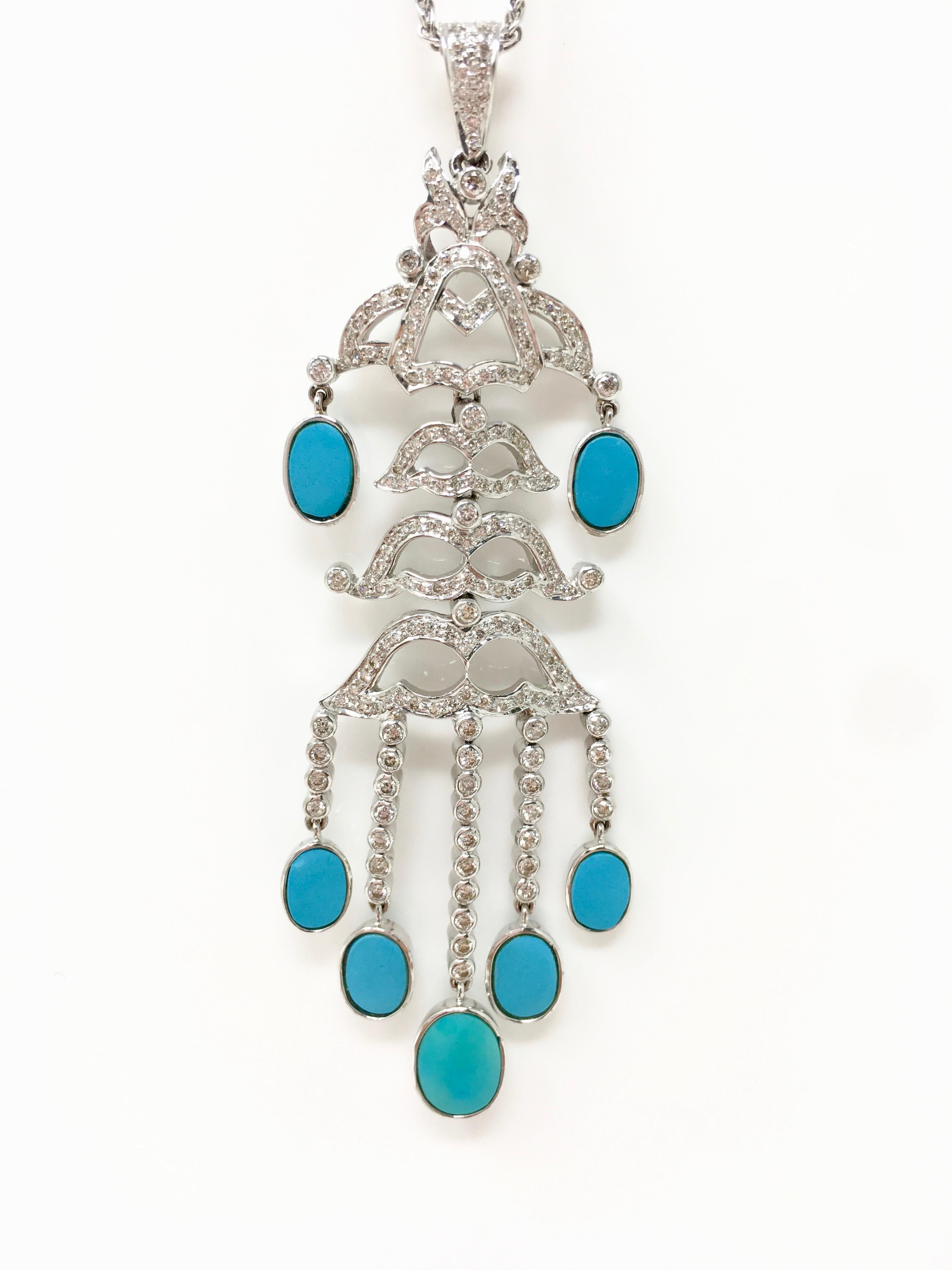 Women's Round Brilliant Diamond and Turquoise Three-Piece Pendant Set in 18 Karat Gold For Sale