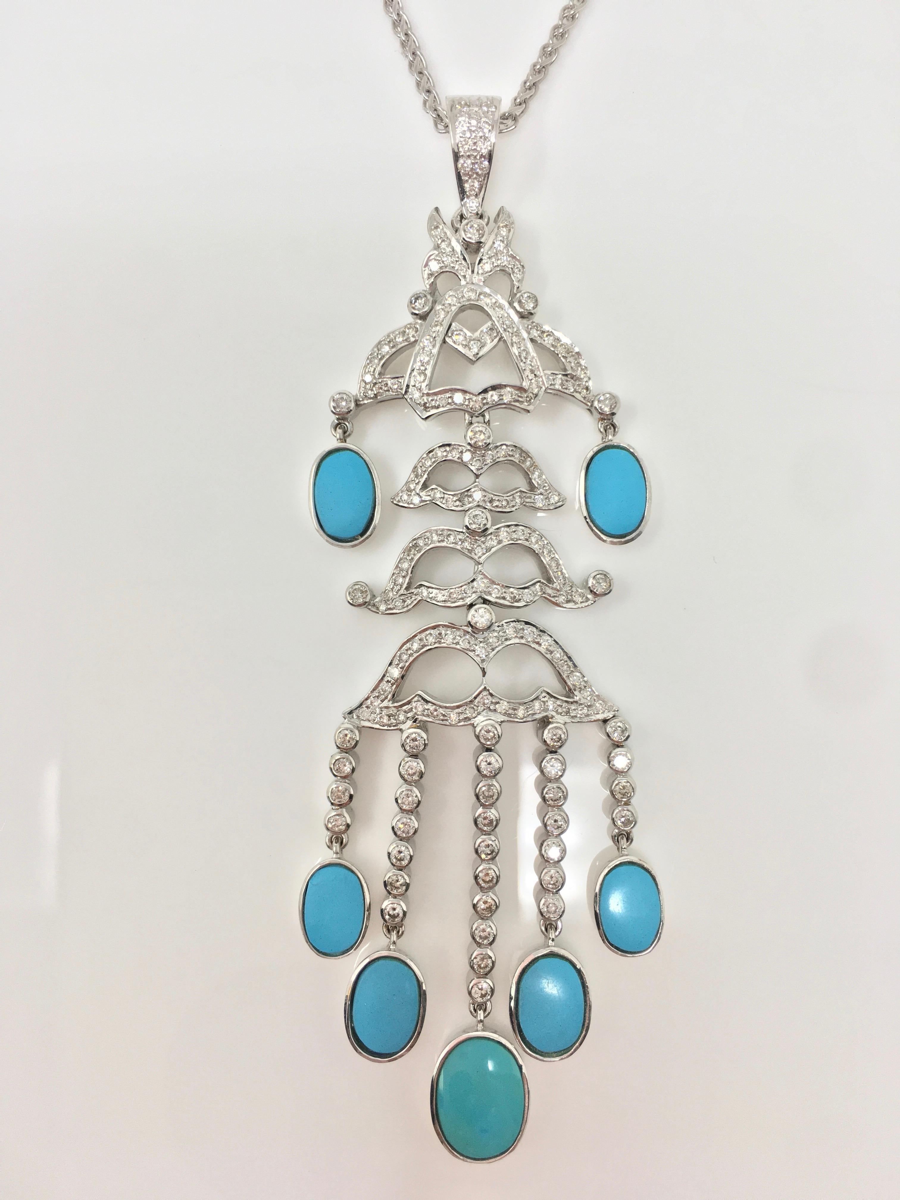 Round Brilliant Diamond and Turquoise Three-Piece Pendant Set in 18 Karat Gold For Sale 1