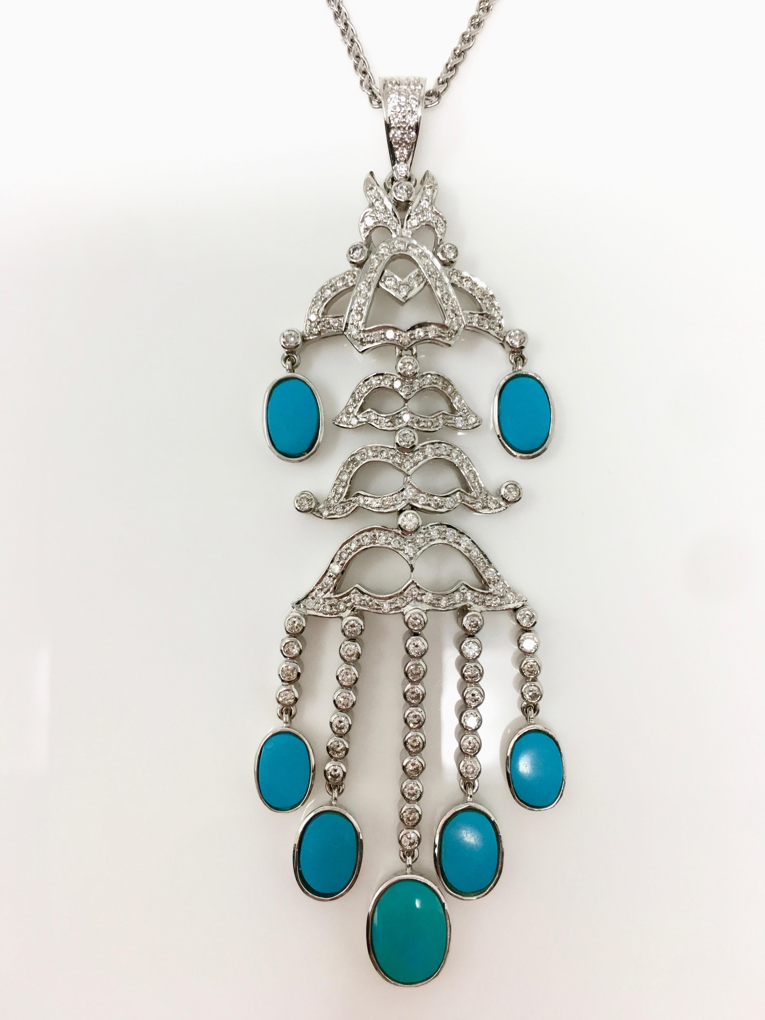 Round Brilliant Diamond and Turquoise Three-Piece Pendant Set in 18 Karat Gold For Sale 2