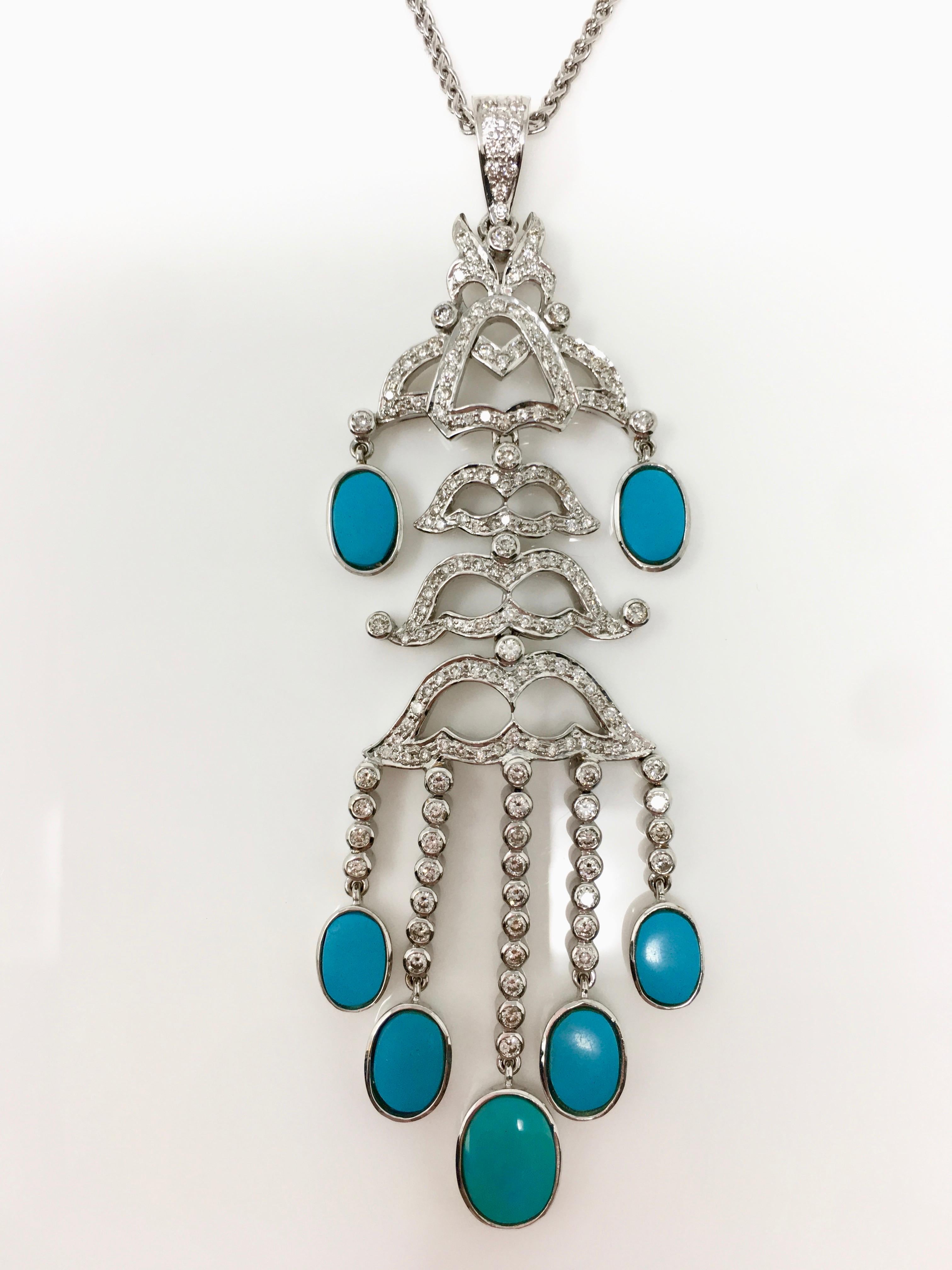 Pendentif trois pièces en or 18 carats serti de diamants ronds et de turquoises en vente 2