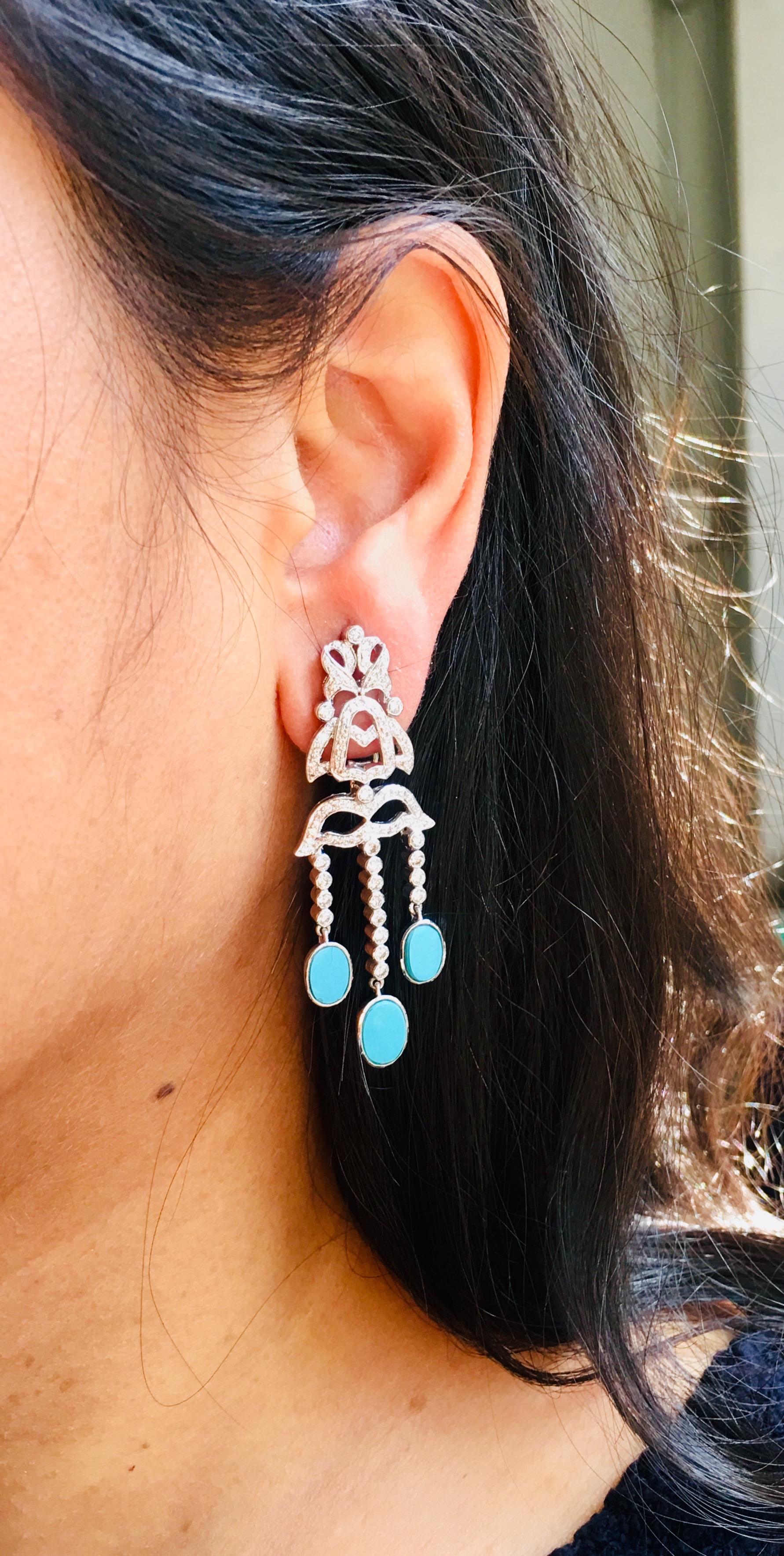 Pendentif trois pièces en or 18 carats serti de diamants ronds et de turquoises en vente 3