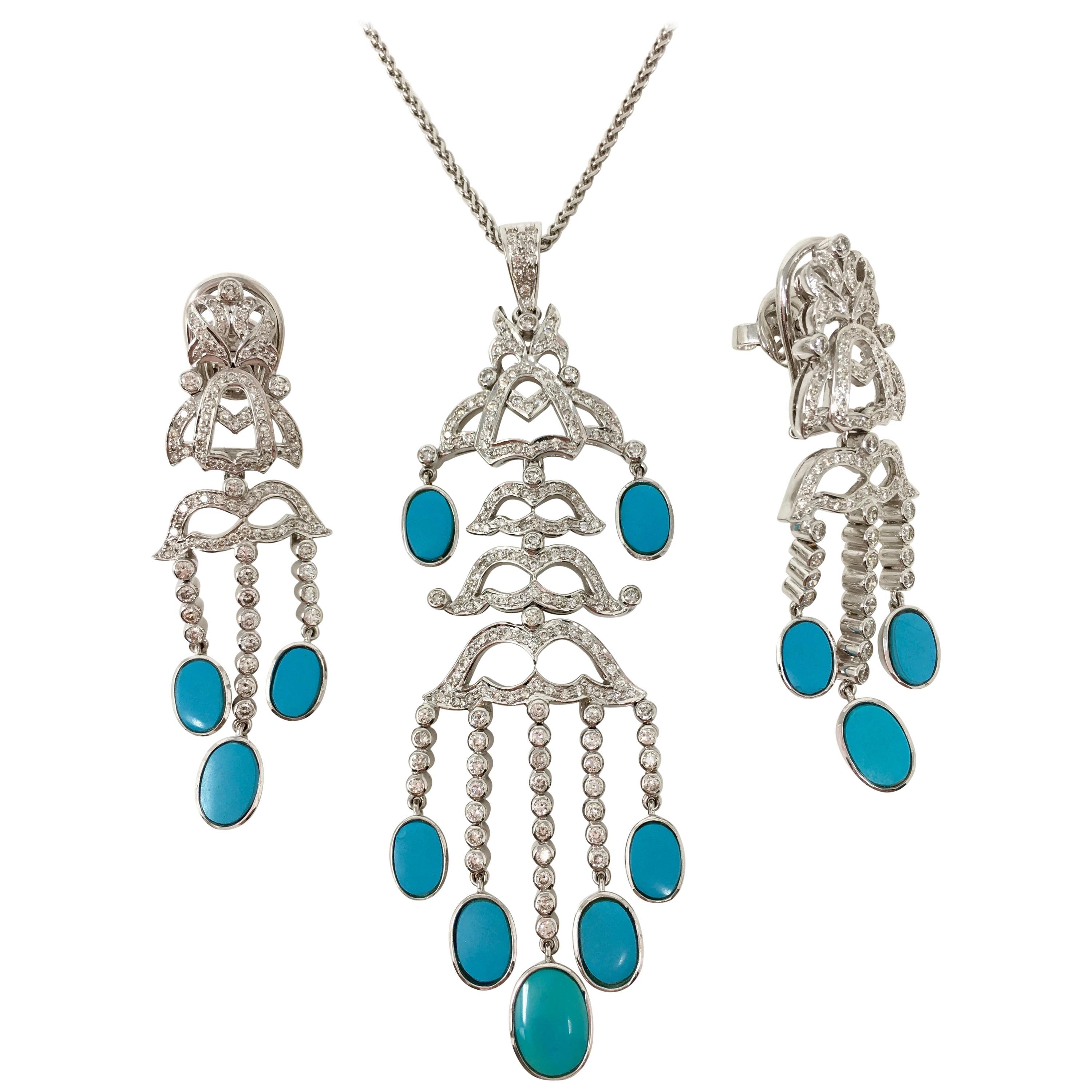 Round Brilliant Diamond and Turquoise Three-Piece Pendant Set in 18 Karat Gold
