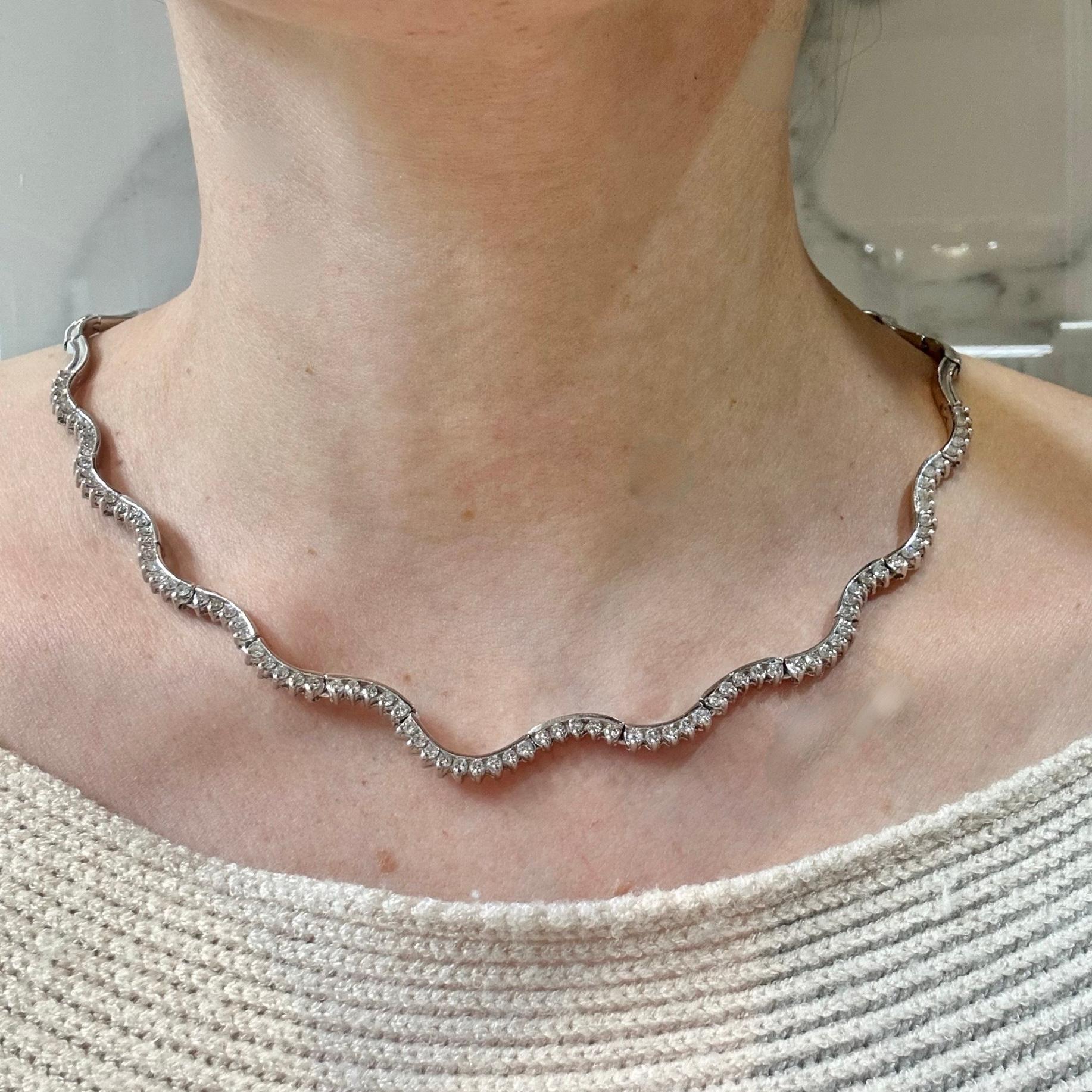 Modern Round Brilliant Diamond Articulated Wavy Tennis Necklace in 14k White Gold For Sale