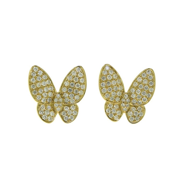 Round Brilliant Diamond Butterfly Earrings in Yellow Gold For Sale (Free Shipping) at 1stDibs