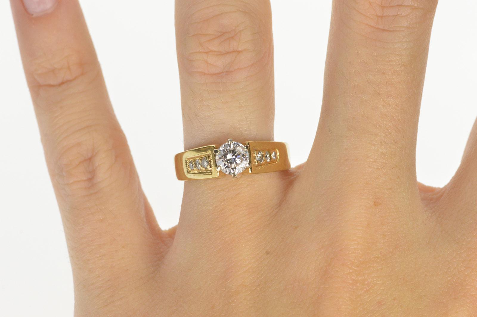 Round Brilliant Diamond Cathedral Engagement Ring 14 Karat Yellow Gold In Good Condition In Frederick, MD