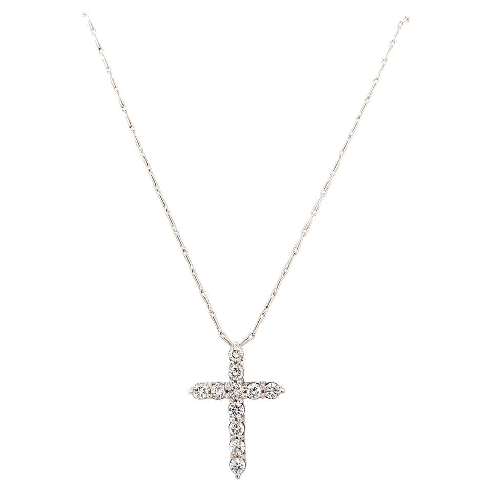Round and baguette diamond srt deco large cross drop necklace 18k white ...