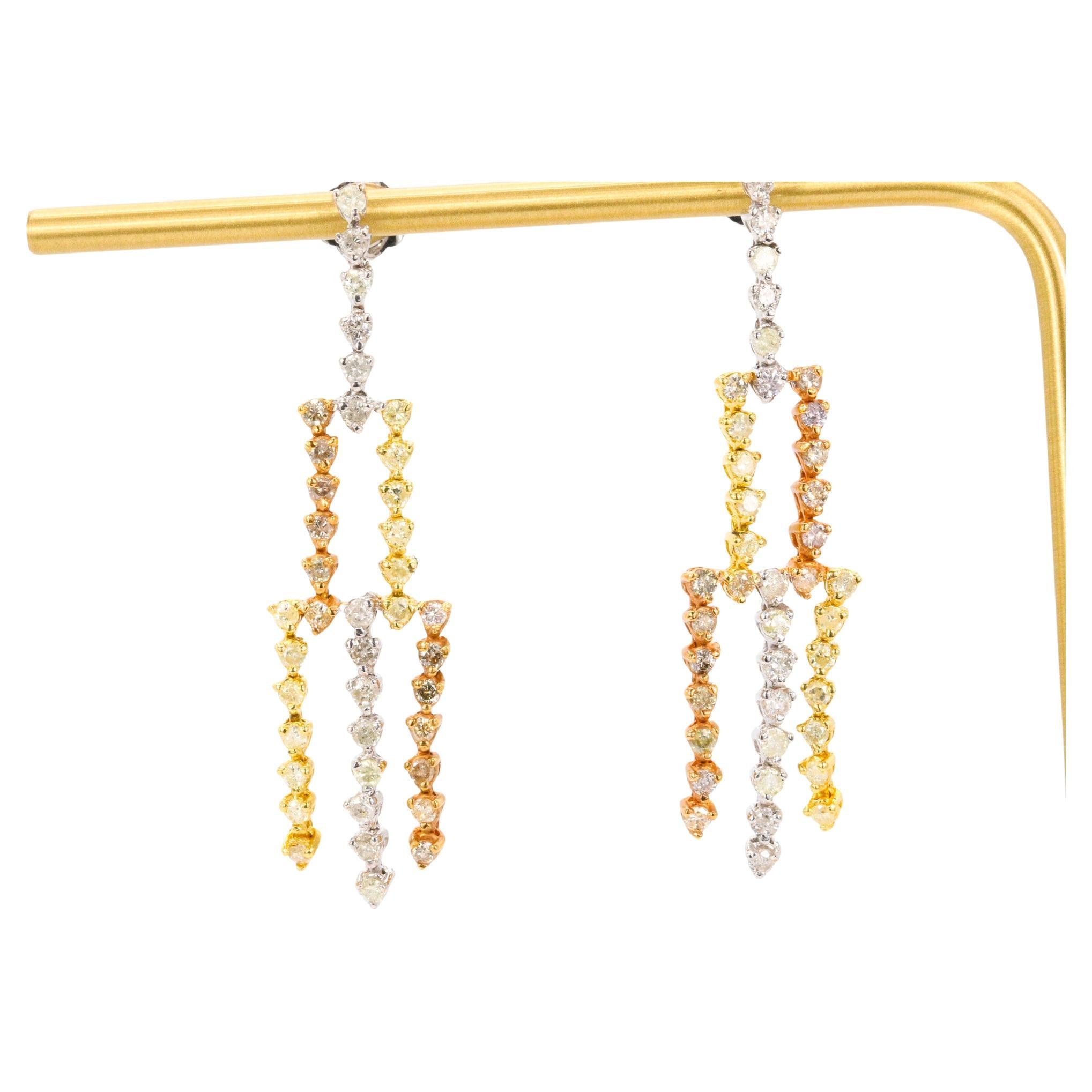 Round Brilliant Diamond Dangle Earrings in 18K Tri Color Gold