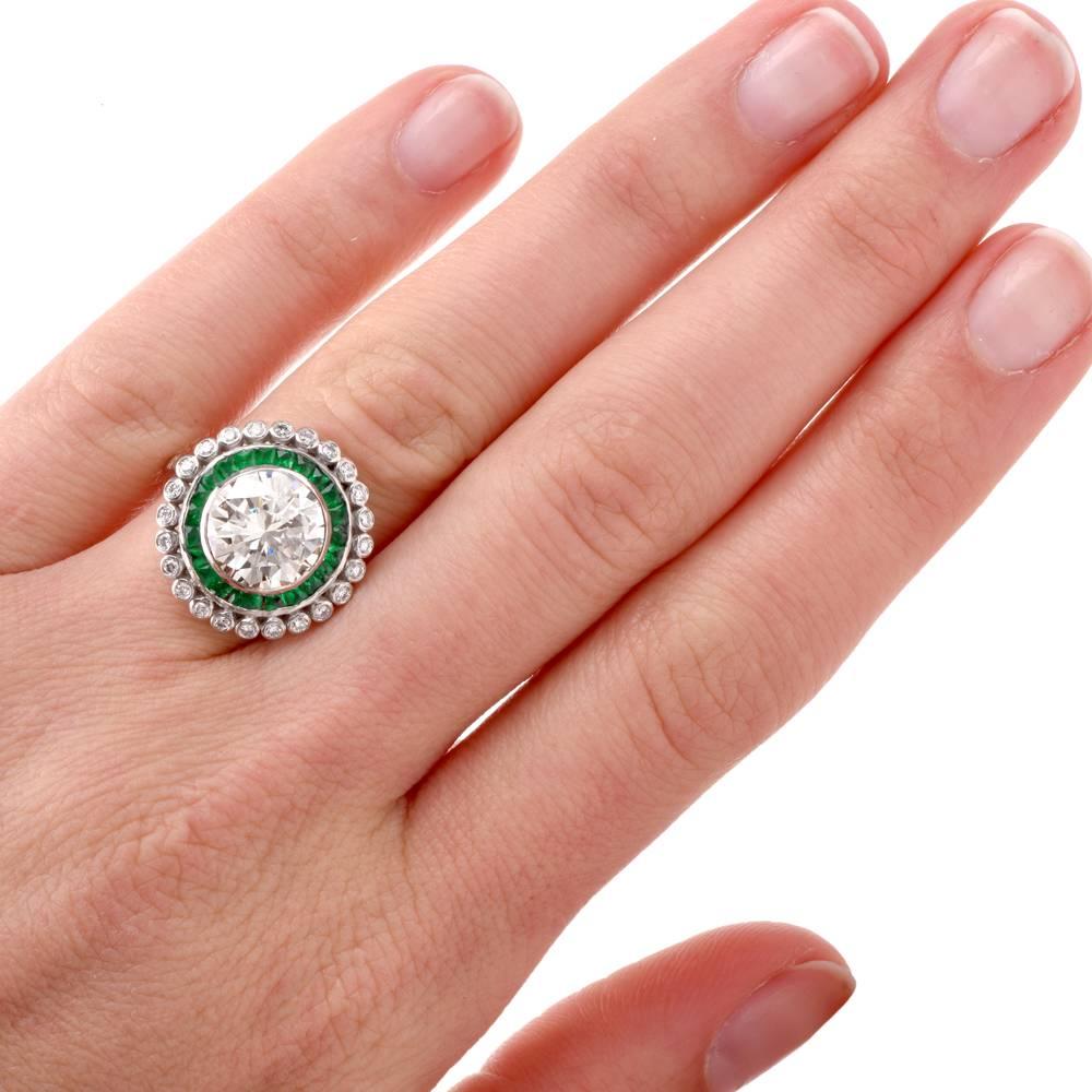 Art Deco Round Brilliant Diamond Emerald Platinum Engagement Ring