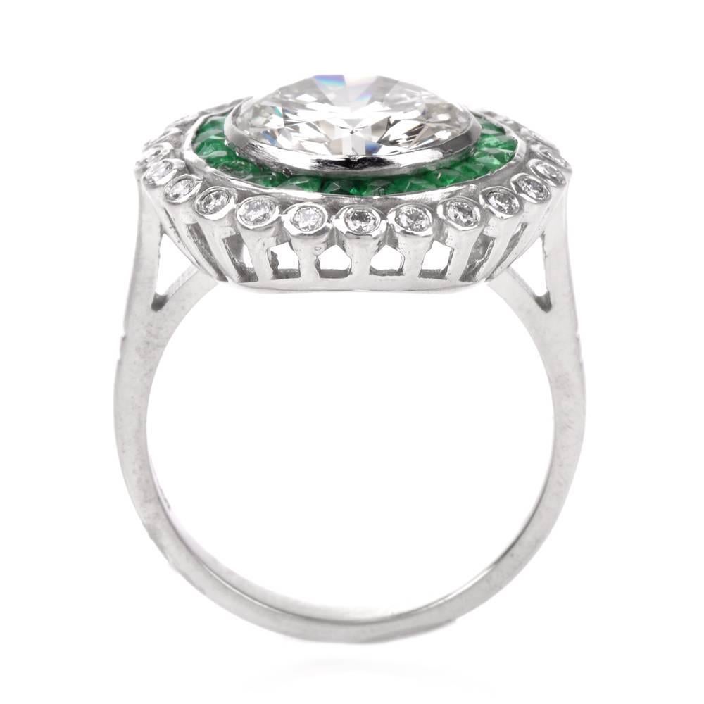 Round Brilliant Diamond Emerald Platinum Engagement Ring 2