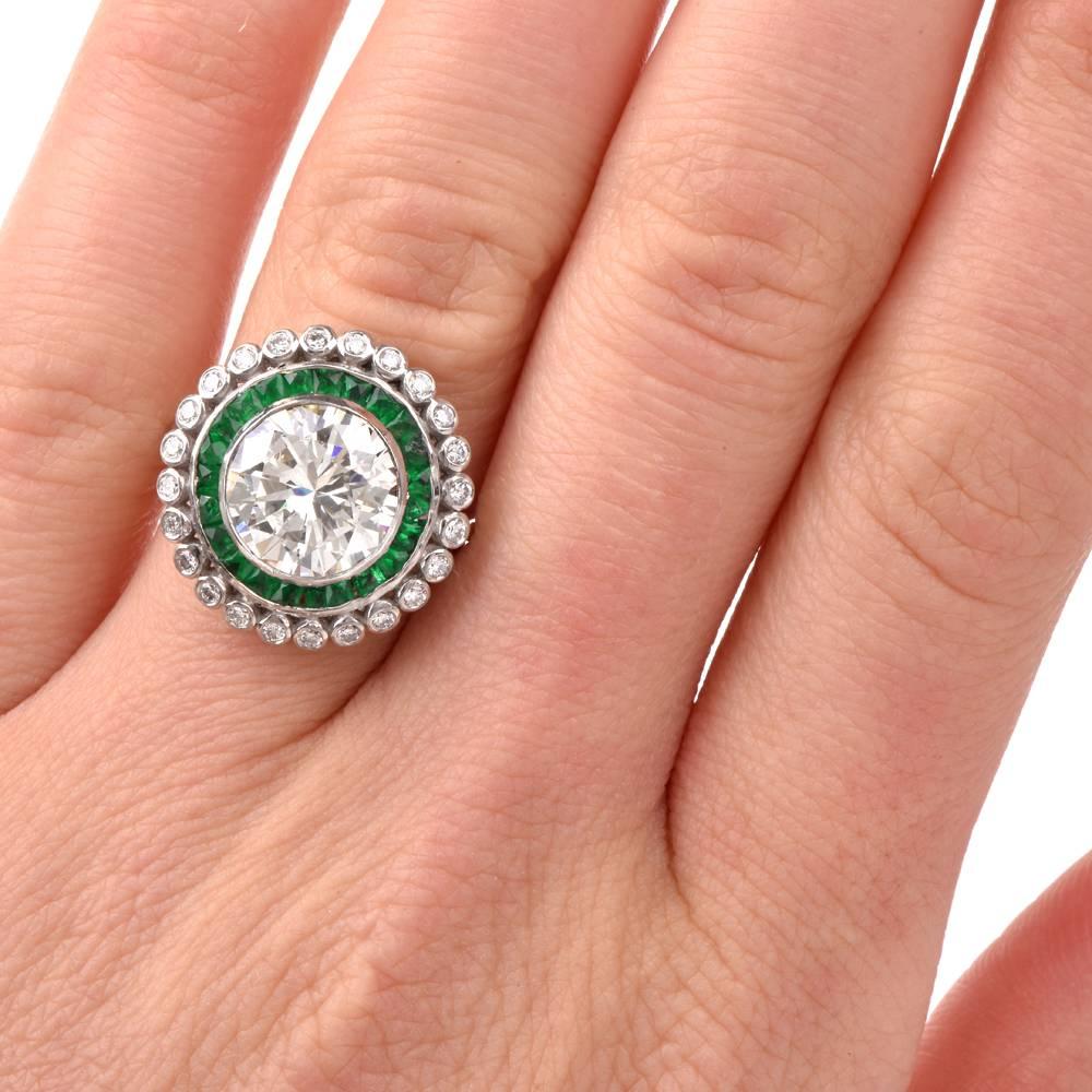 Round Brilliant Diamond Emerald Platinum Engagement Ring 3