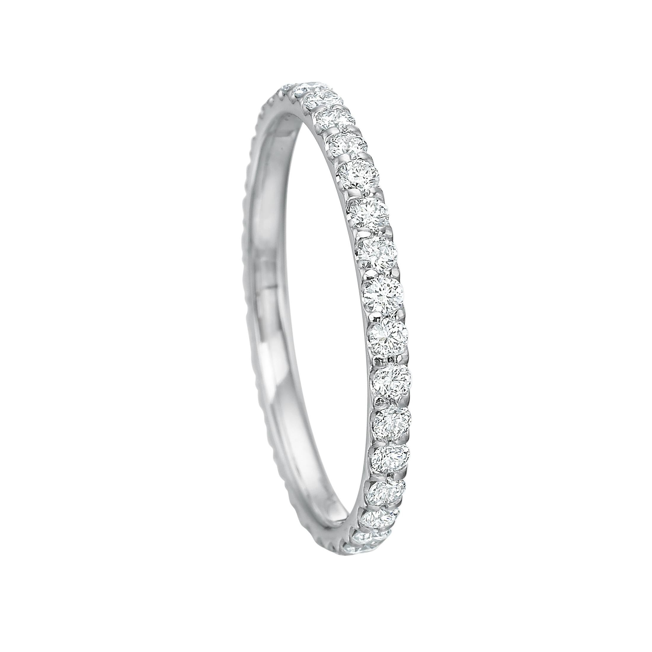 Diamond eternity band ring, showcasing round brilliant-cut diamonds set in a 'comfort fit' platinum mounting.

34 diamonds weighing 0.50 total carats
2mm wide
Size 6