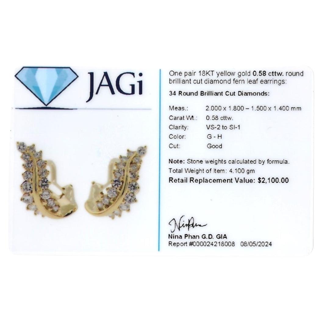 Round Brilliant Diamond Fern Leaf Clip-On Earrings in 18 Karat Yellow Gold For Sale 4