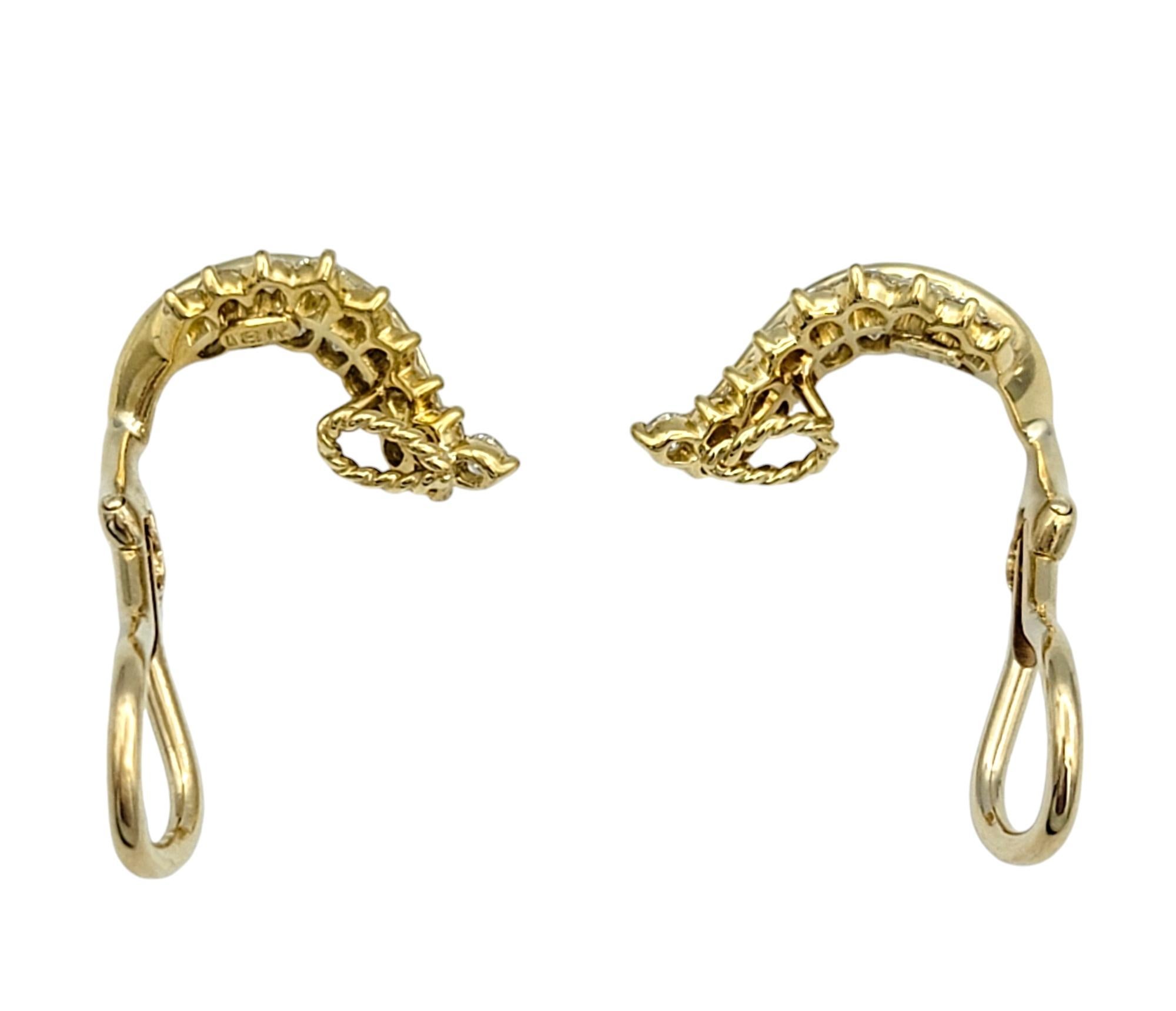 Round Cut Round Brilliant Diamond Fern Leaf Clip-On Earrings in 18 Karat Yellow Gold For Sale